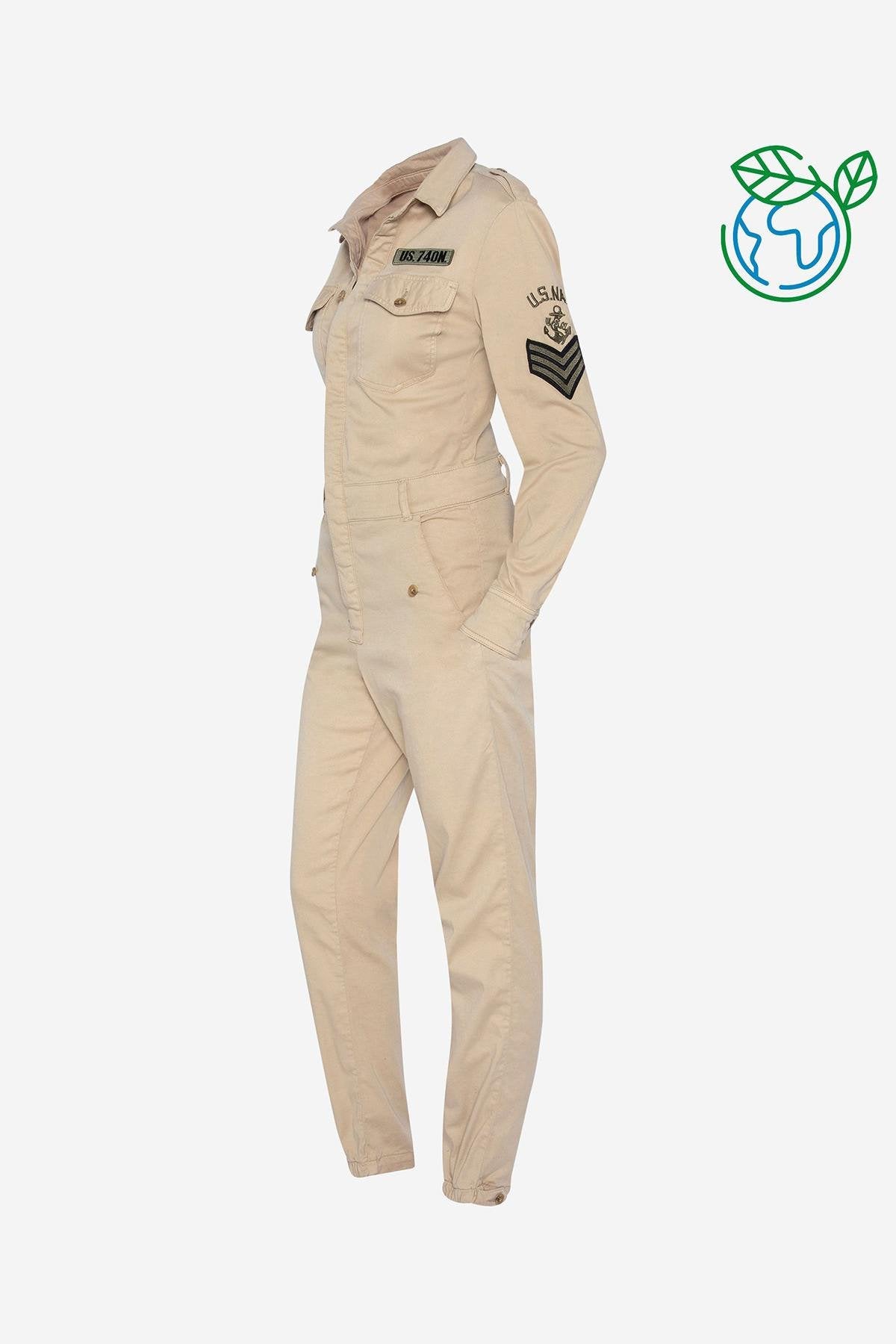 Women's beige military jumpsuit - Image n°1