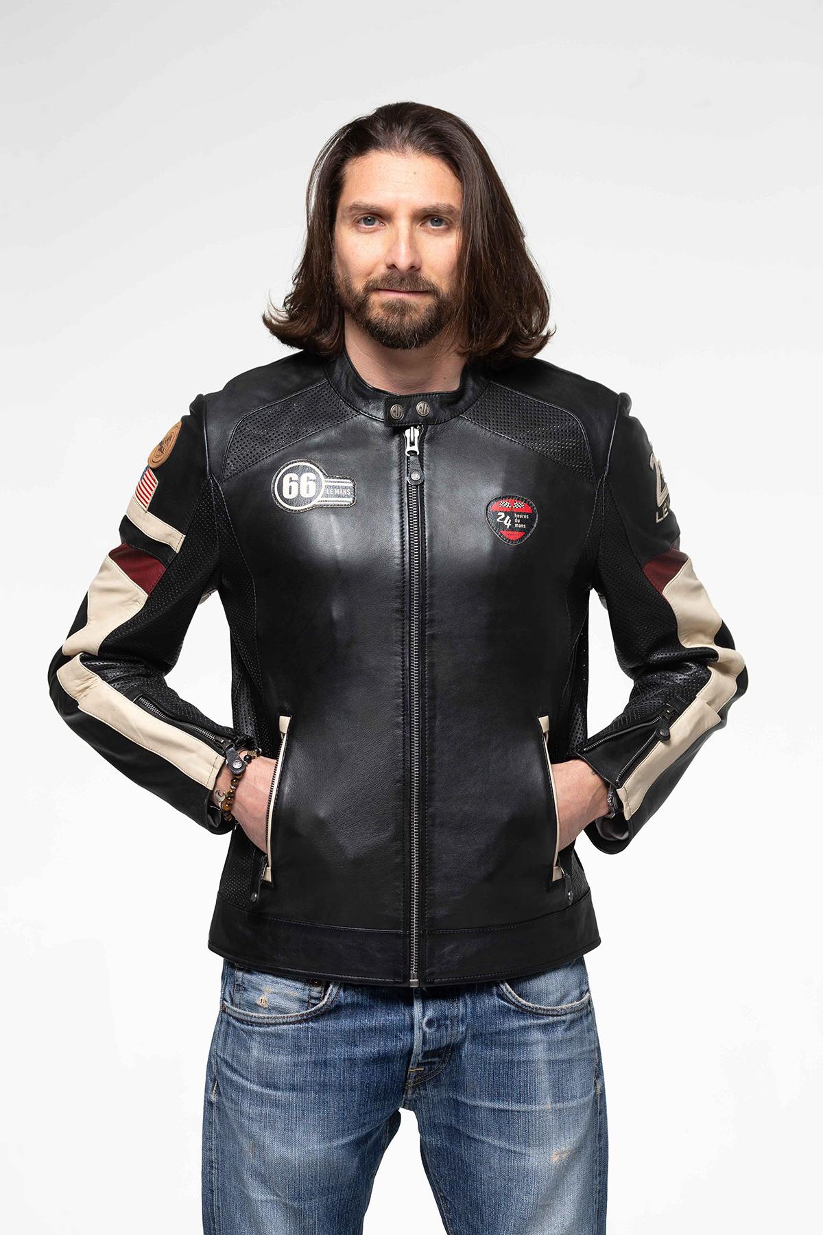 Black leather jacket with racing-style stripes - Image n°7