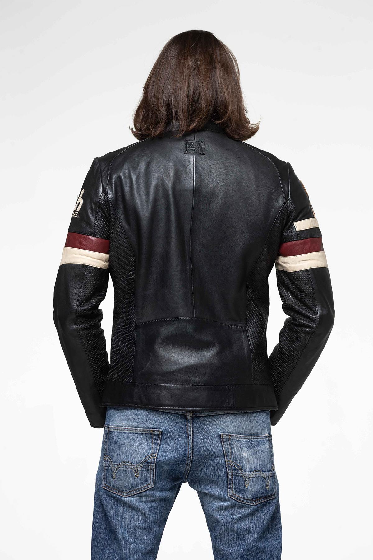 Black leather jacket with racing-style stripes - Image n°8