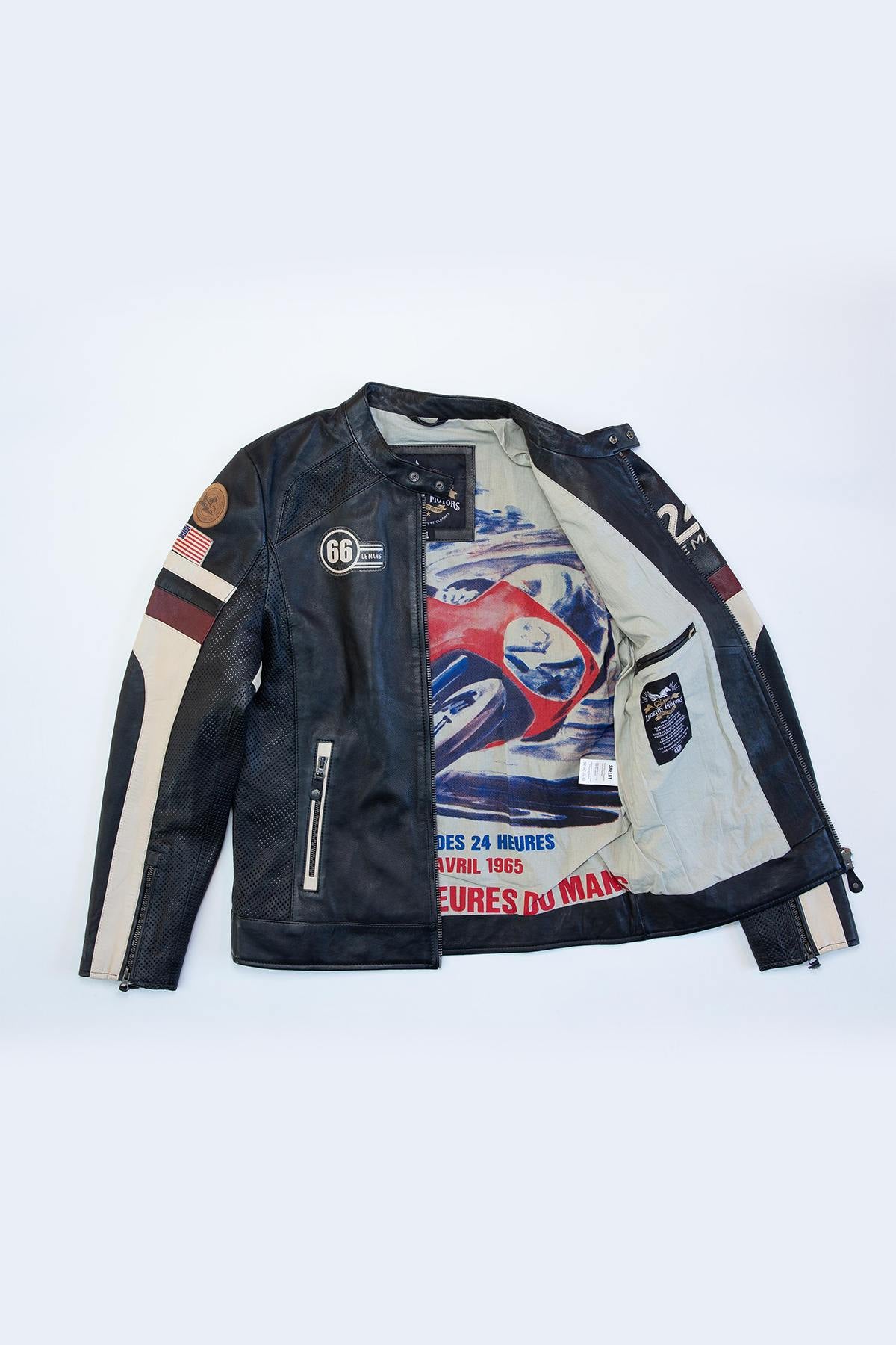 Black leather jacket with racing-style stripes - Image n°3