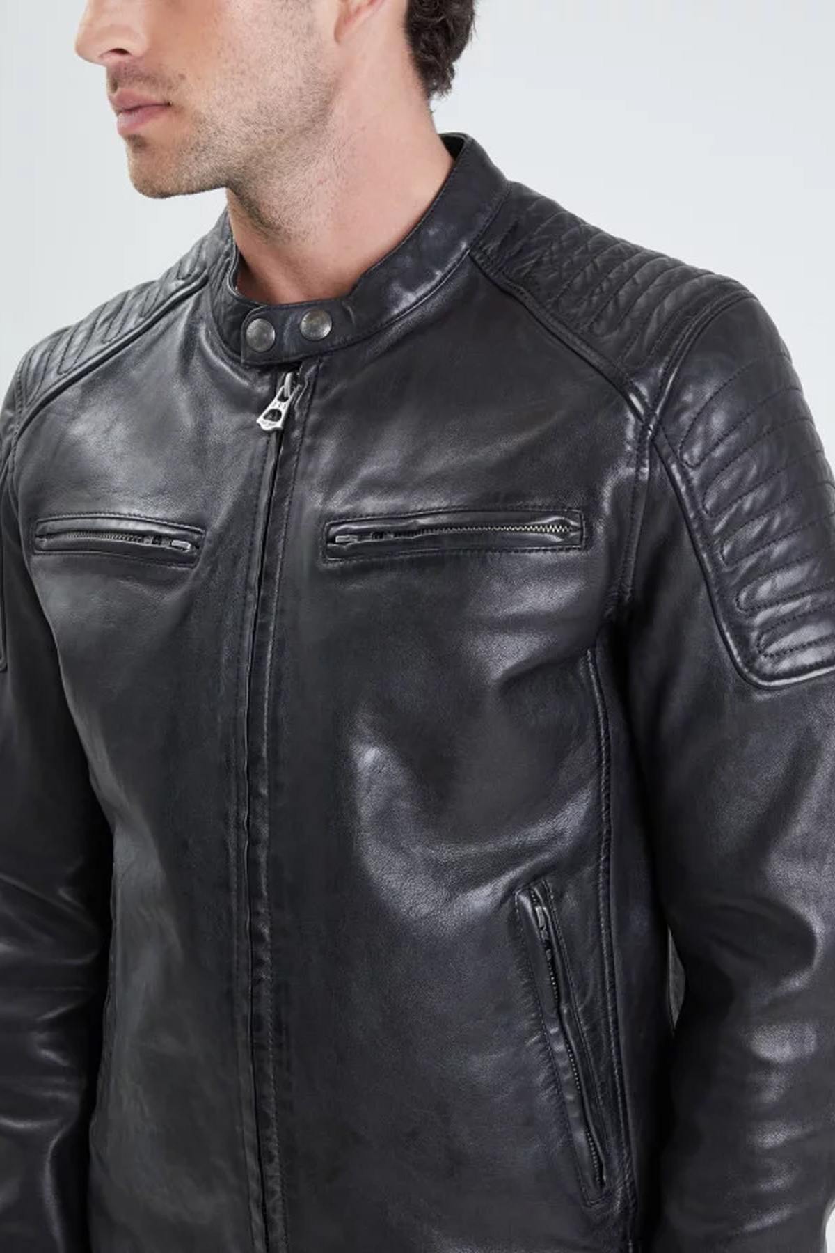 Biker-style black washed lambskin leather jacket - Image n°2