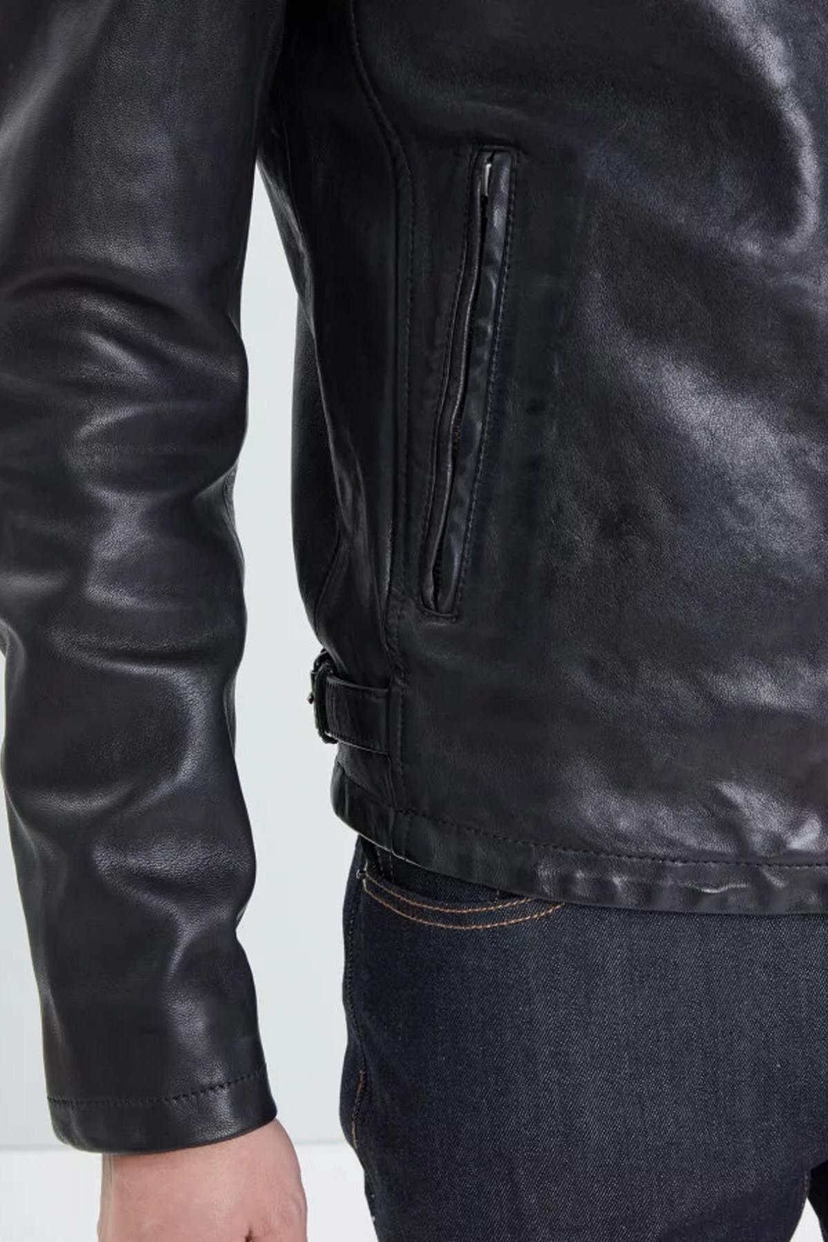 Biker-style black washed lambskin leather jacket - Image n°5