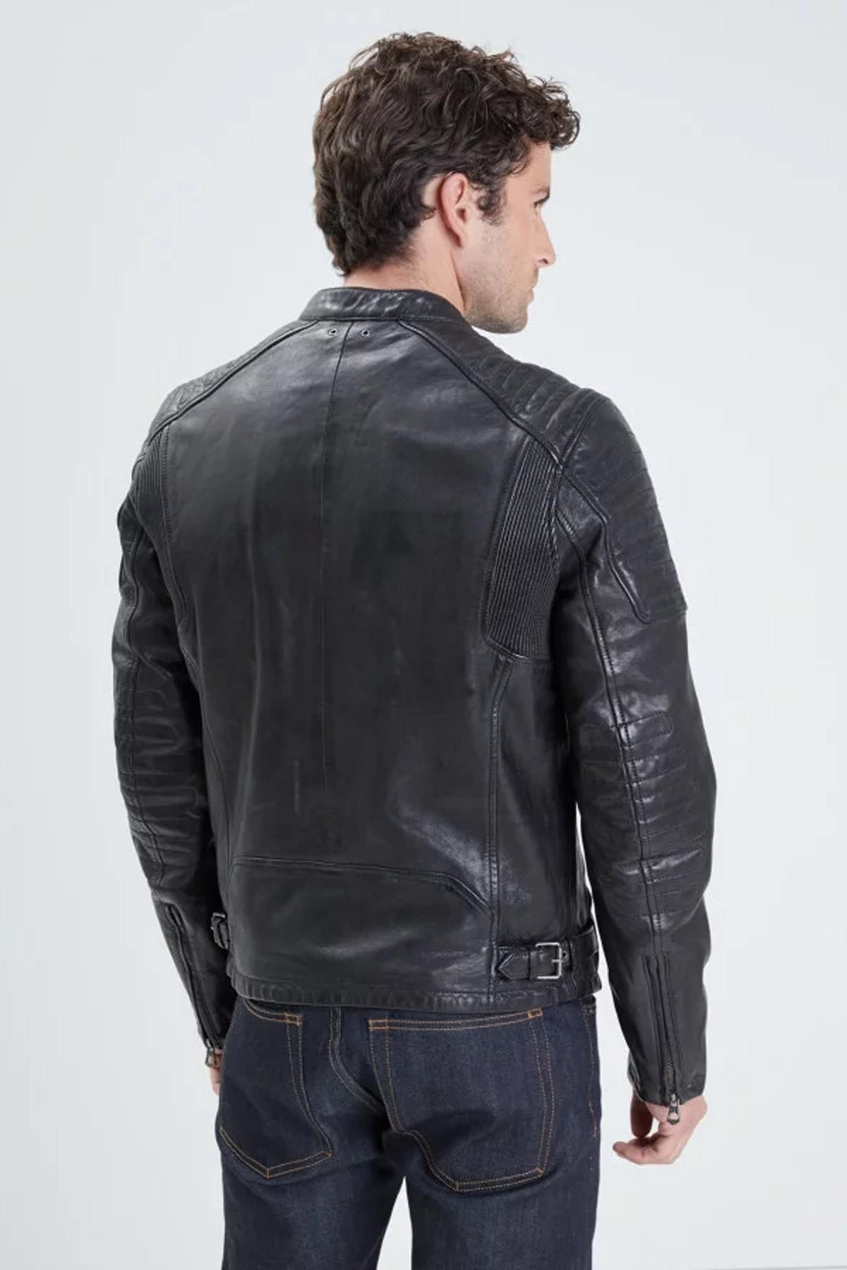 Biker-style black washed lambskin leather jacket - Image n°4