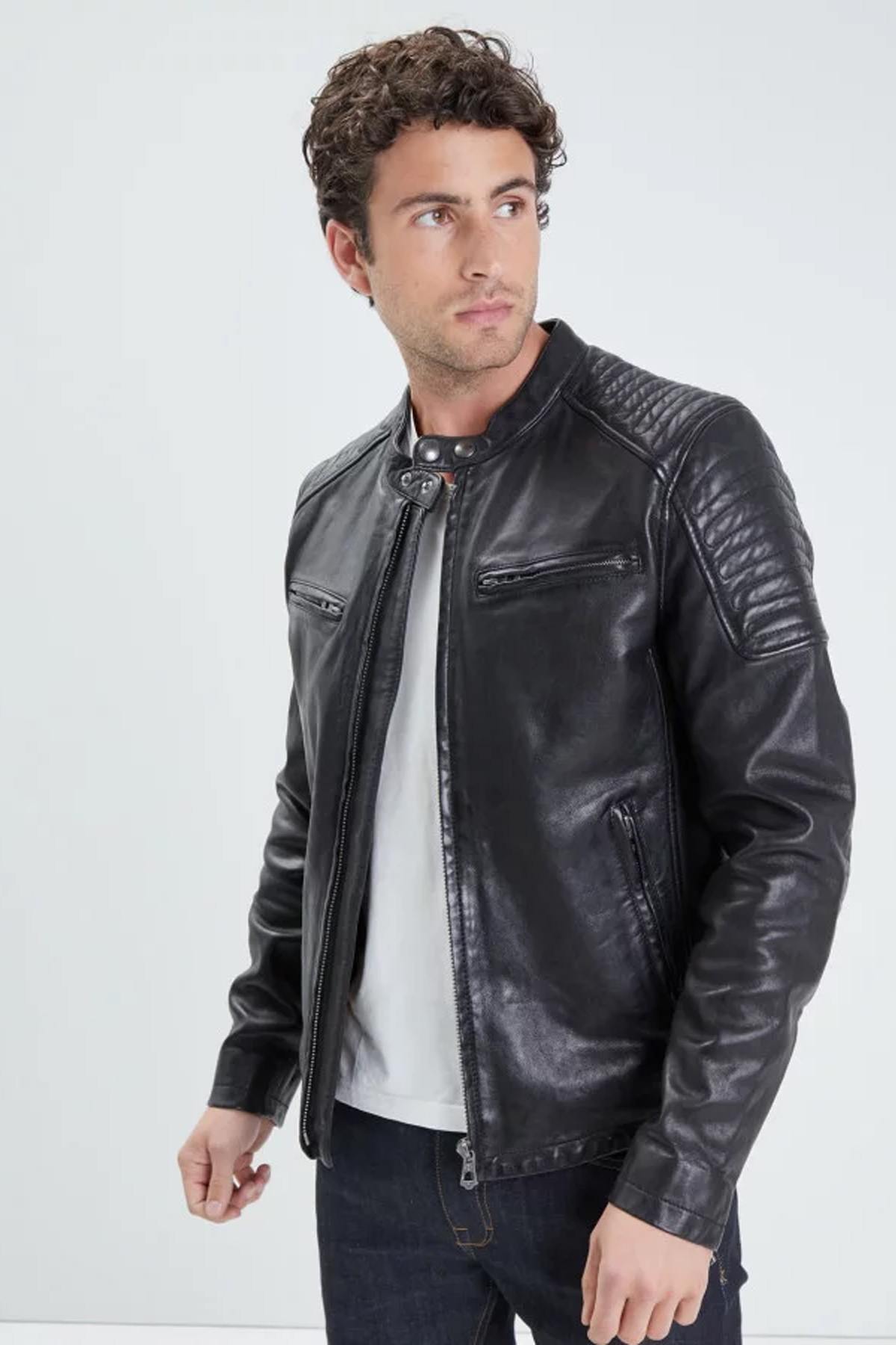 Biker-style black washed lambskin leather jacket - Image n°1