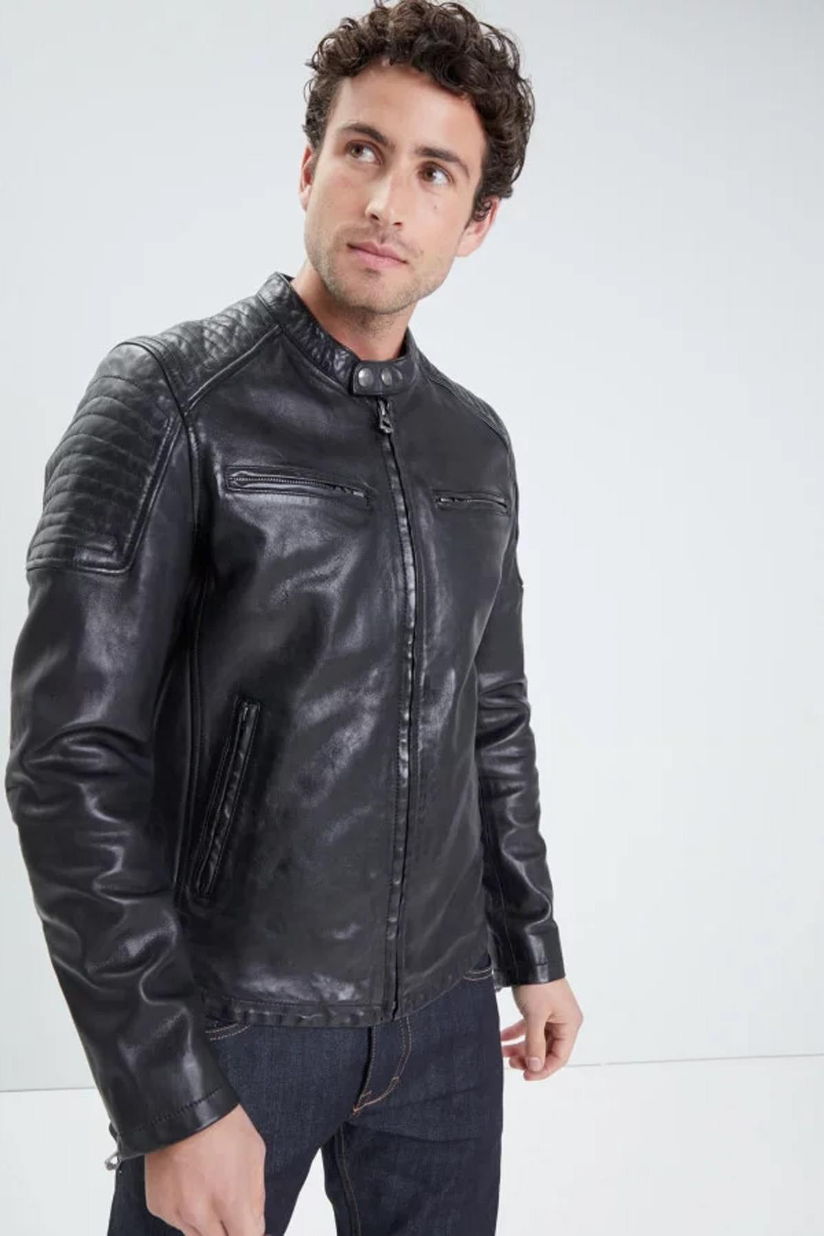 Biker-style black washed lambskin leather jacket - Image n°3