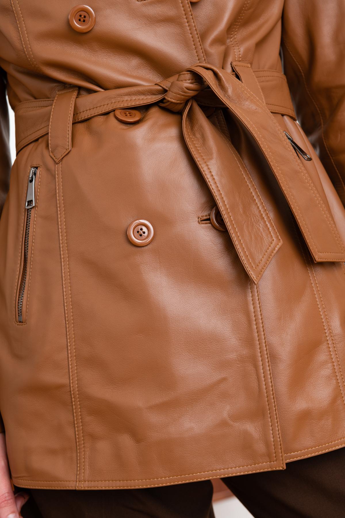 Women's cognac leather trench jacket - Image n°9