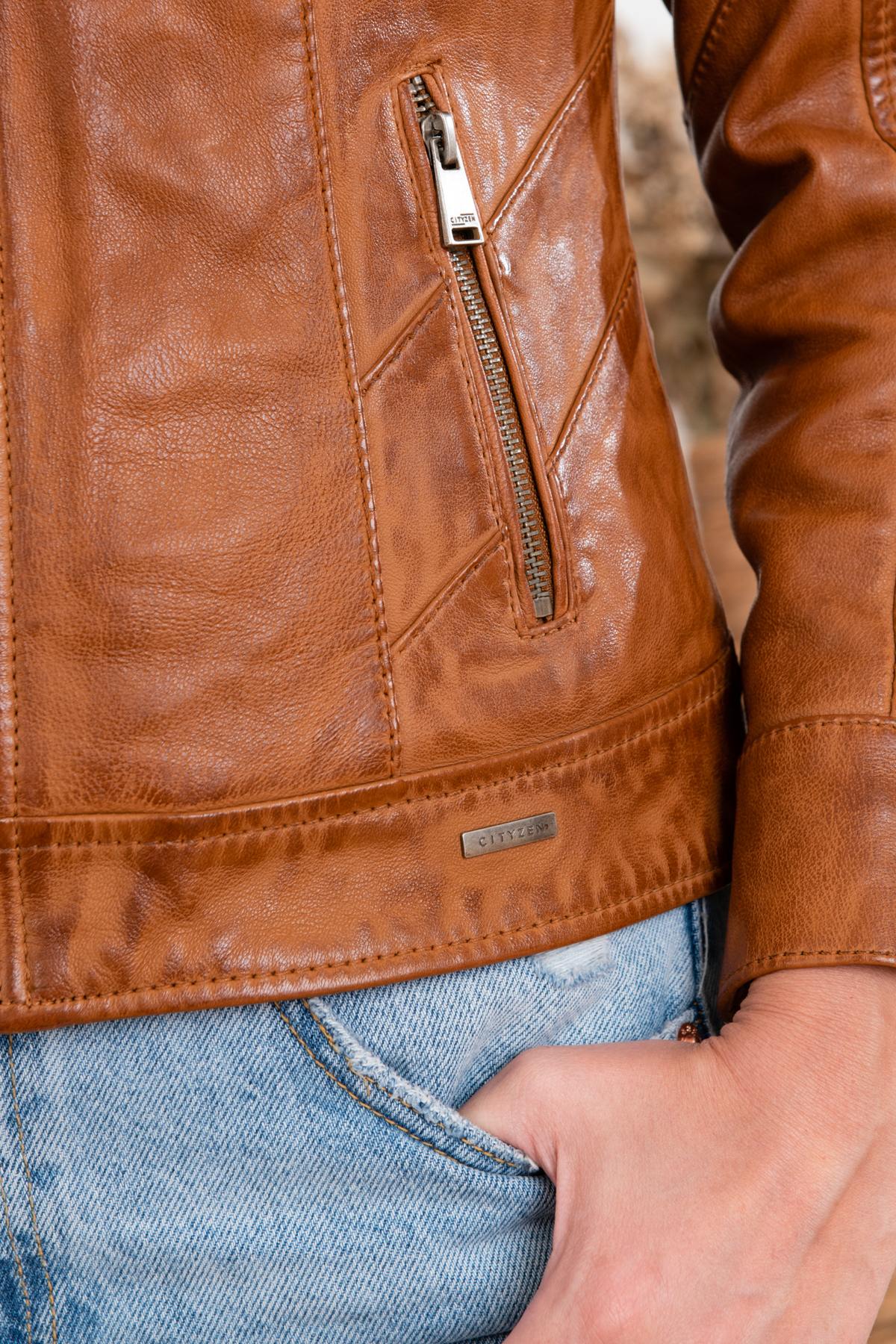 Cognac sheepskin leather jacket - Image n°11