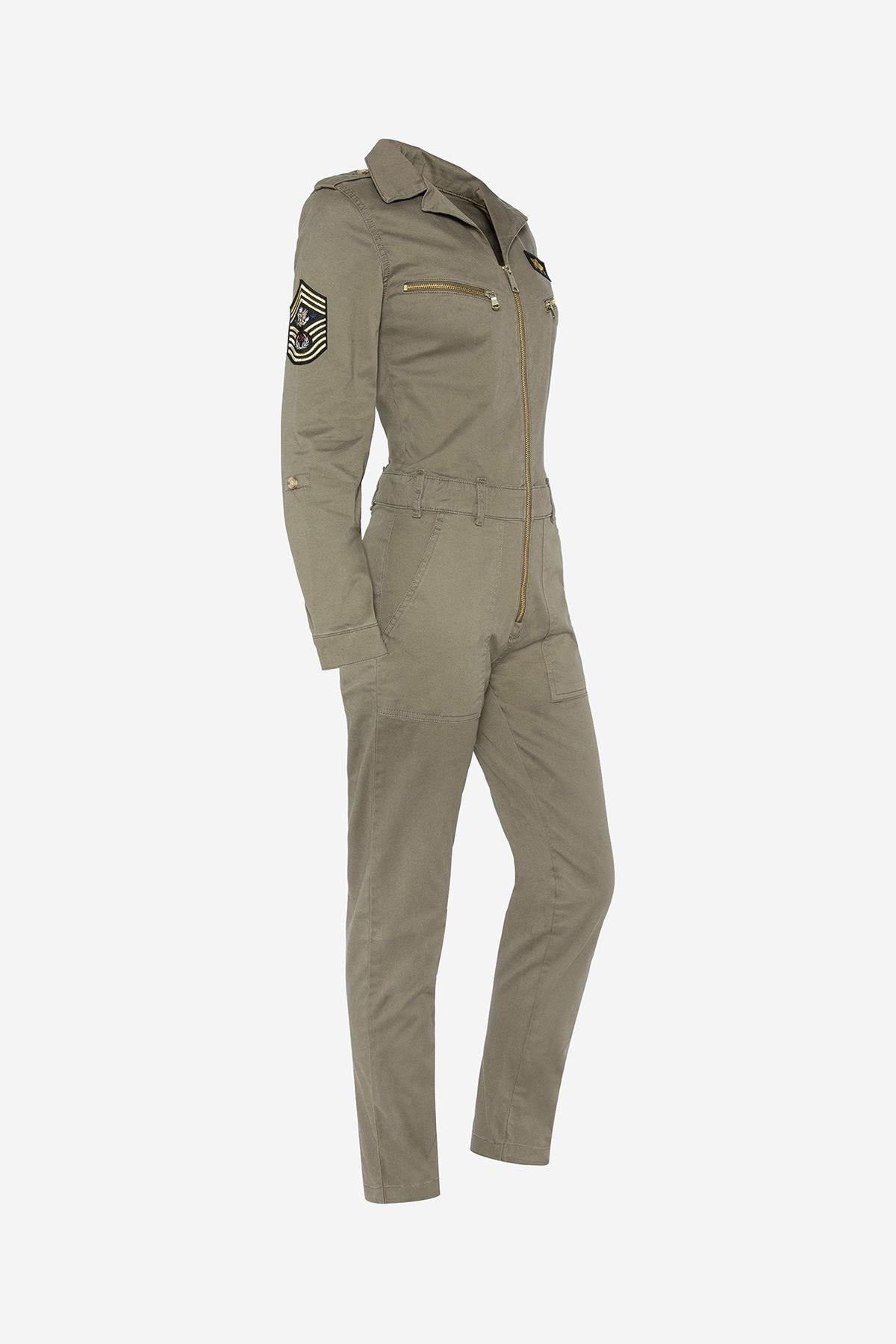 Women's khaki military badged jumpsuit - Image n°3