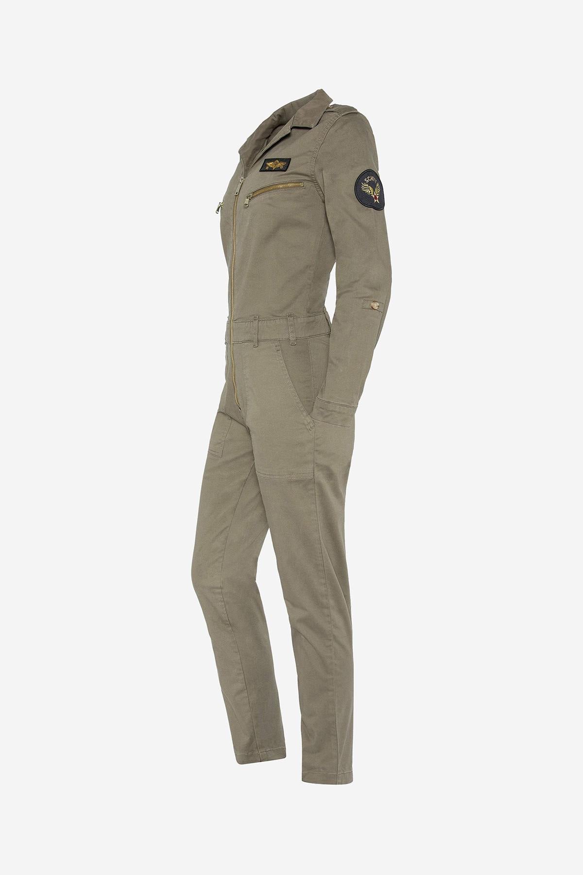 Women's khaki military badged jumpsuit - Image n°1