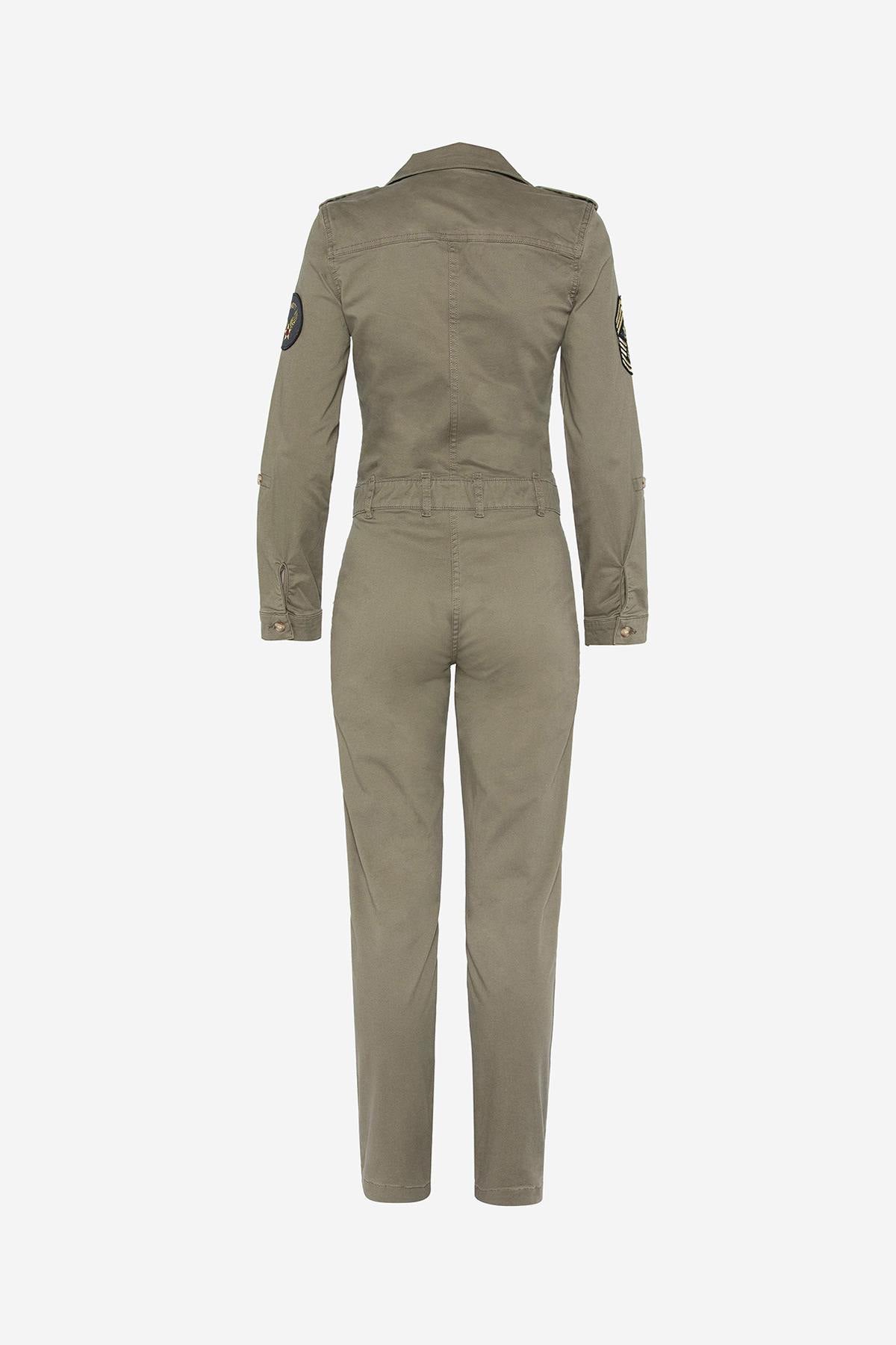 Women's khaki military badged jumpsuit - Image n°4