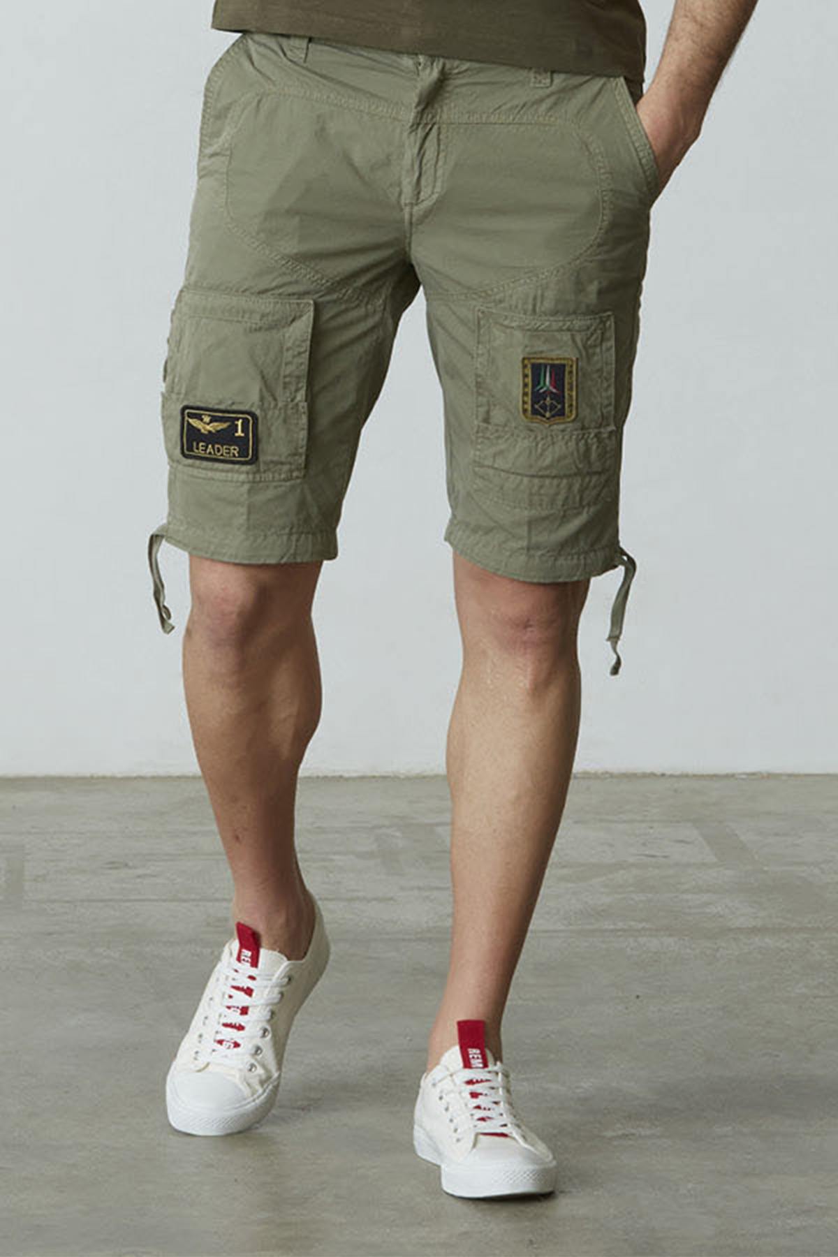 Military Bermuda shorts in khaki gabardine - Image n°1