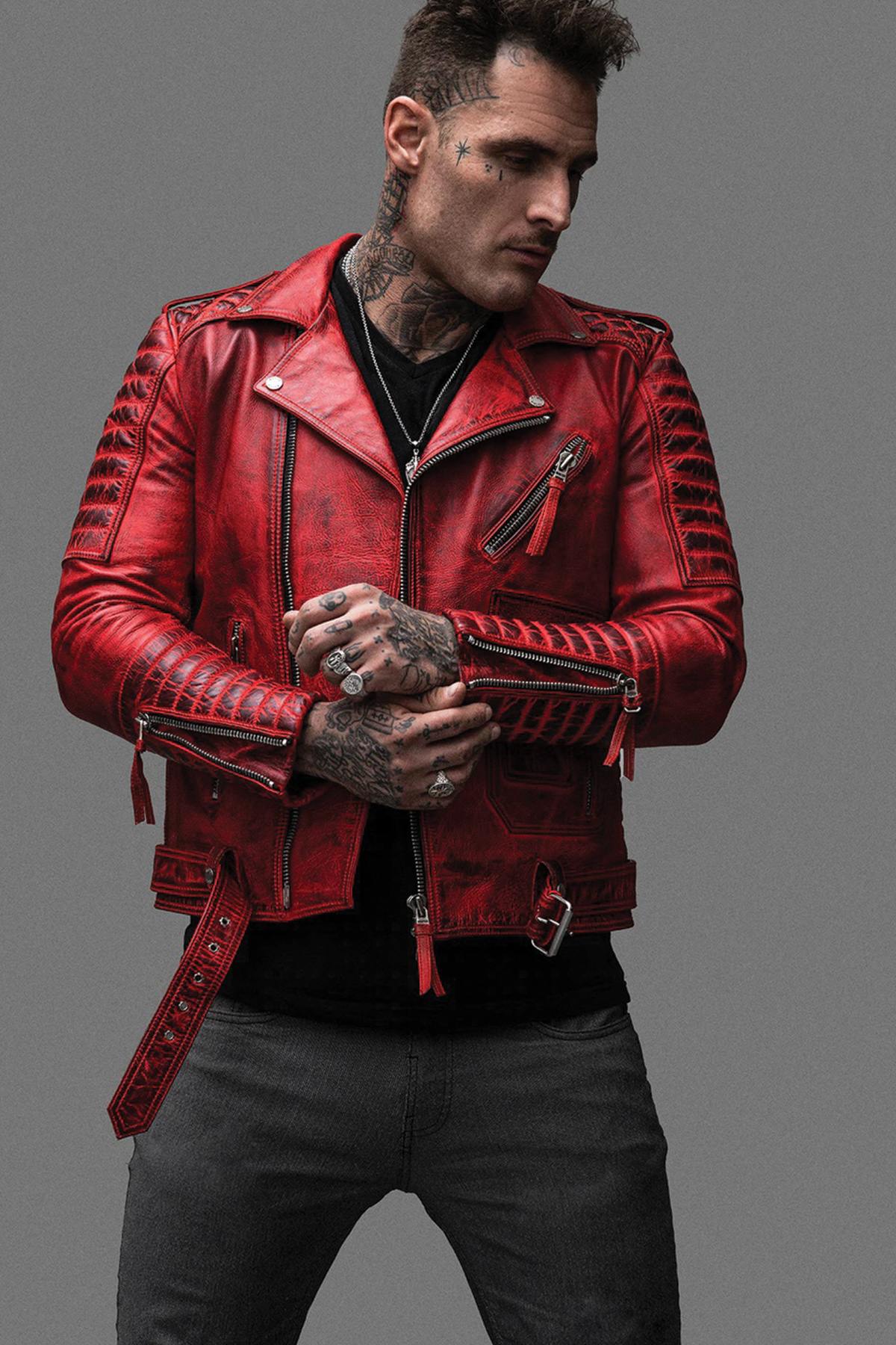 Red aged effect Biker Jacket in cowhide leather - Image n°1