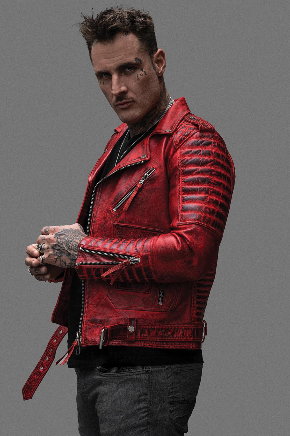 Red aged effect Biker Jacket in cowhide leather - Image n°4