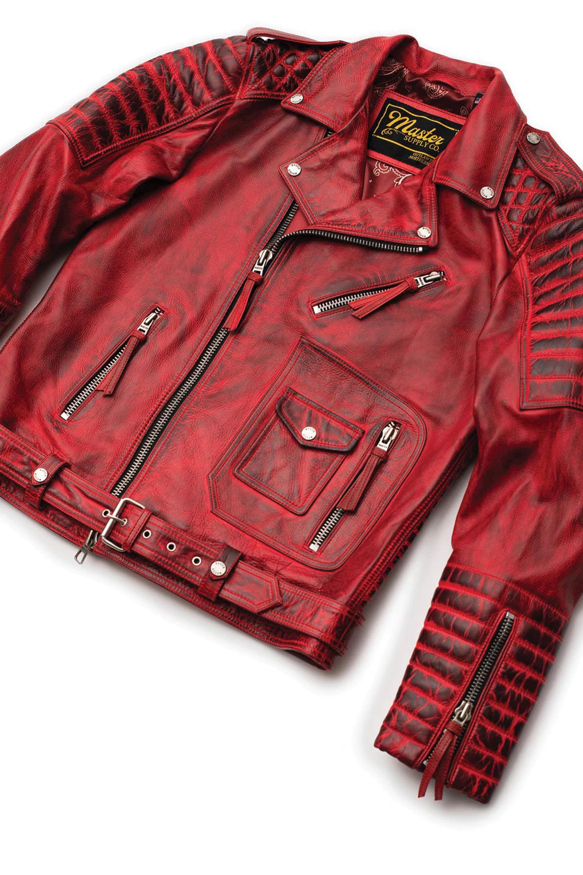 Red aged effect perfecto in cowhide leather - Image n°5