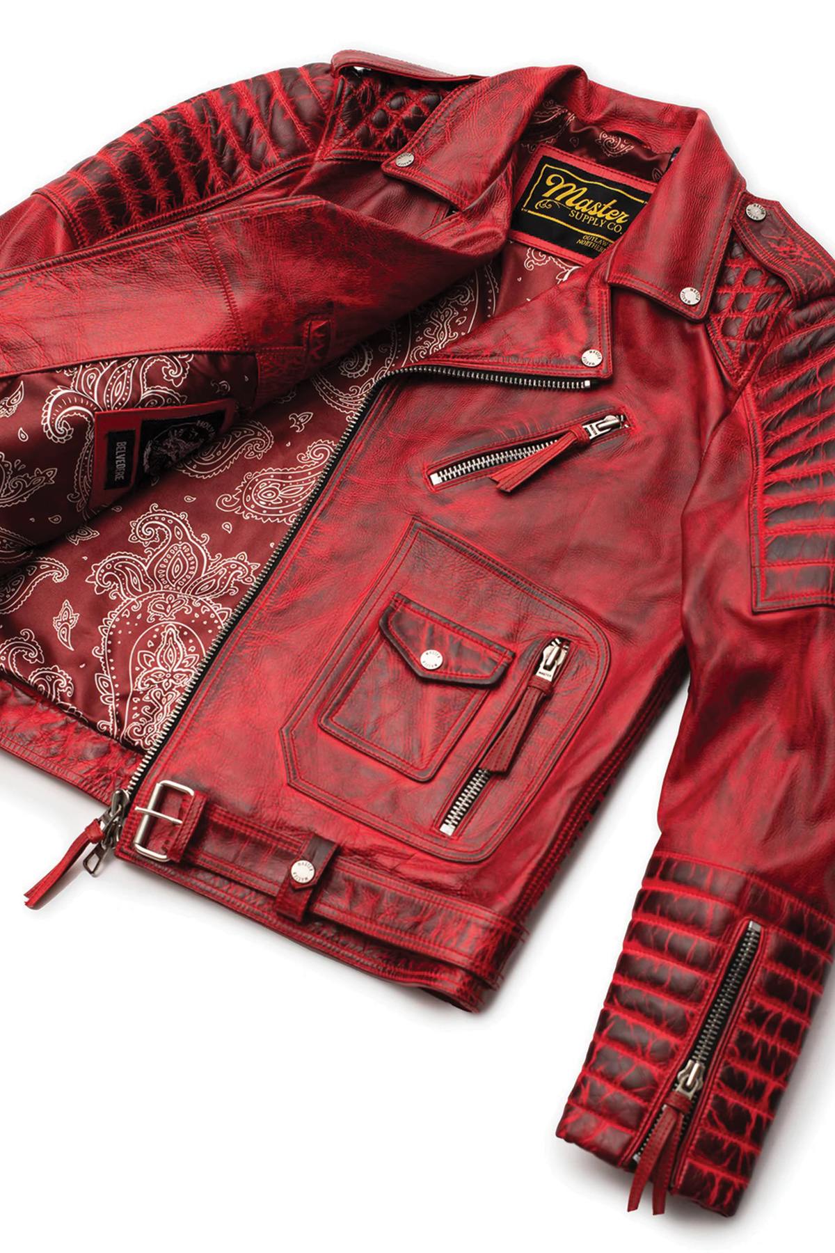 Red aged effect Biker Jacket in cowhide leather - Image n°6