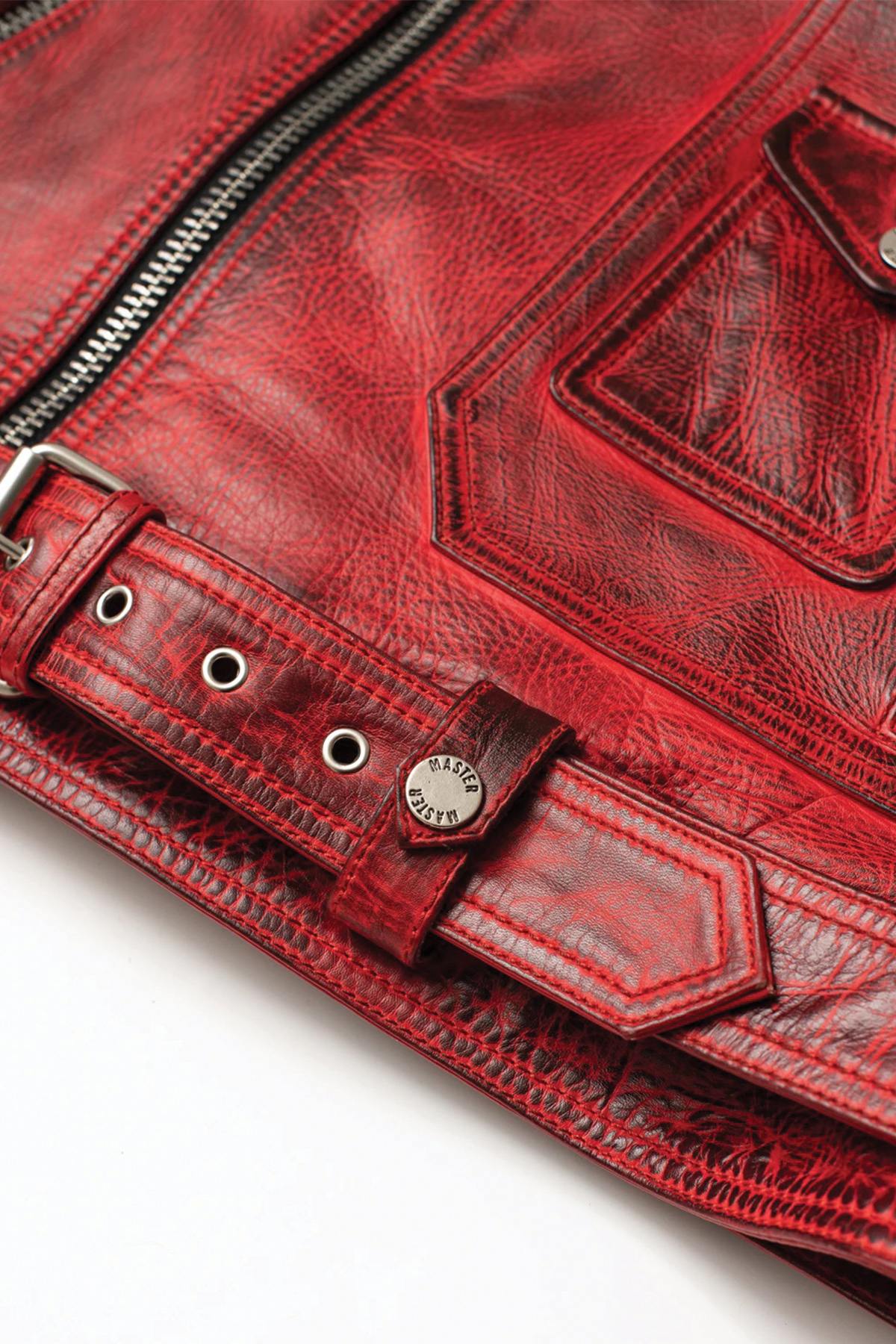 Red aged effect Biker Jacket in cowhide leather - Image n°10