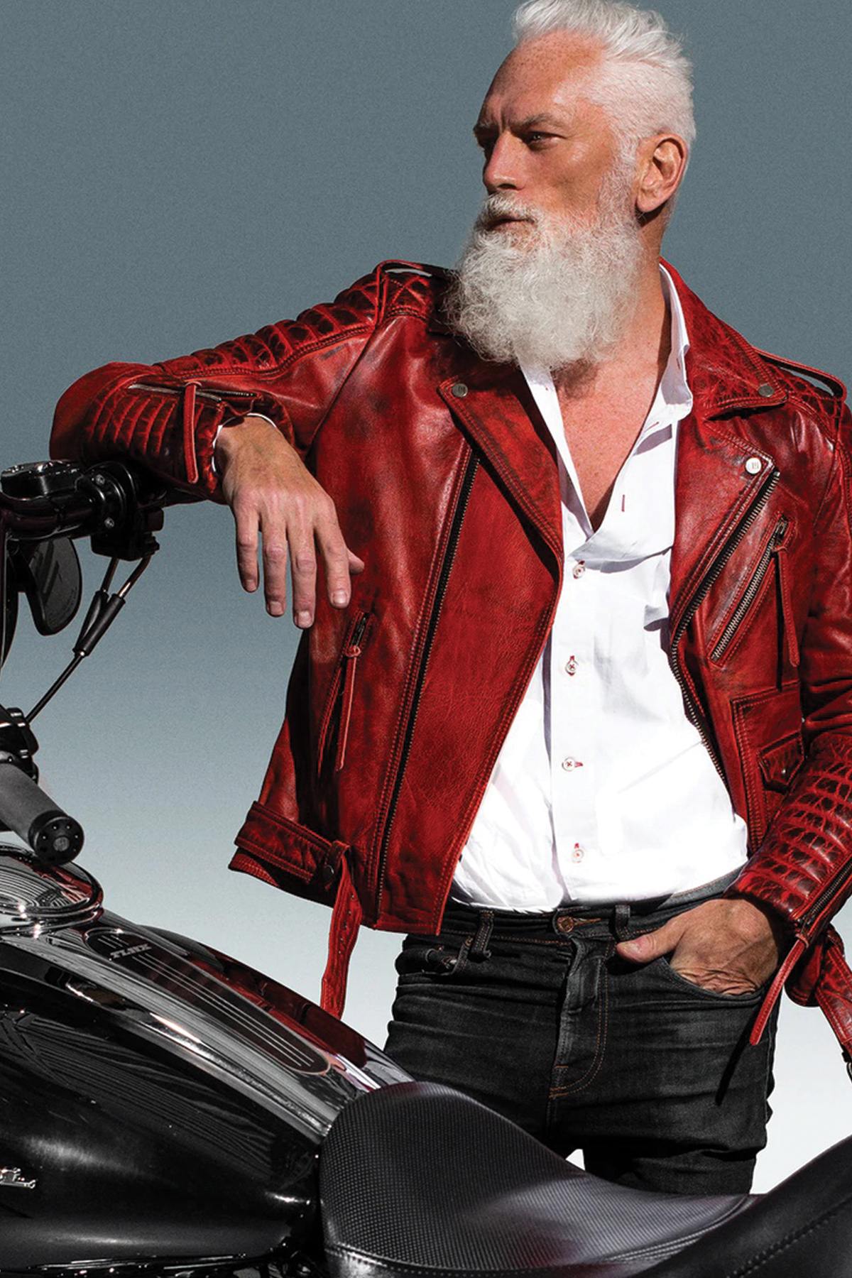 Red aged effect Biker Jacket in cowhide leather - Image n°3