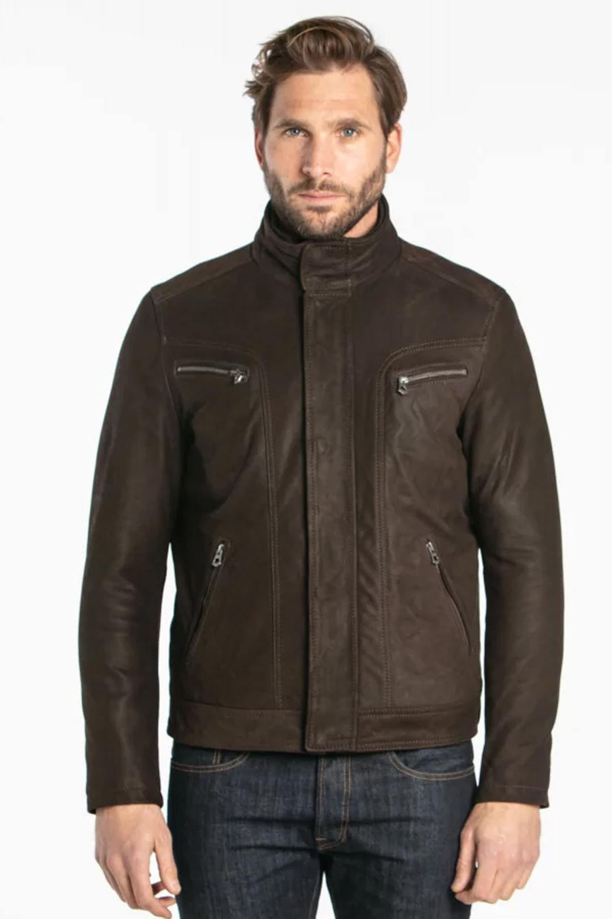 Nubuck cowhide leather jacket with stand-up collar - Image n°2