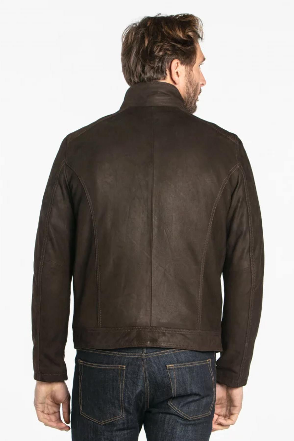 Nubuck cowhide leather jacket with stand-up collar - Image n°3