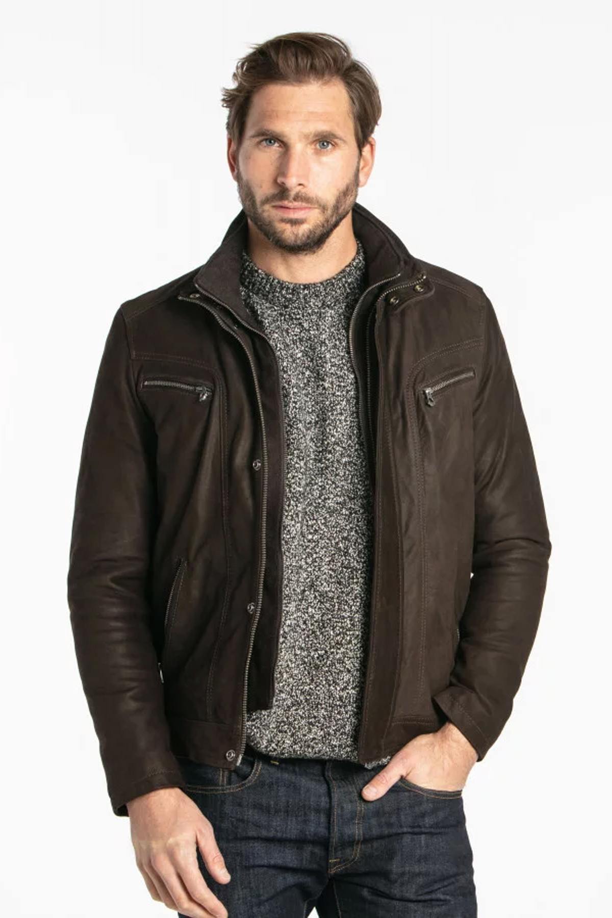 Nubuck cowhide leather jacket with stand-up collar - Image n°5