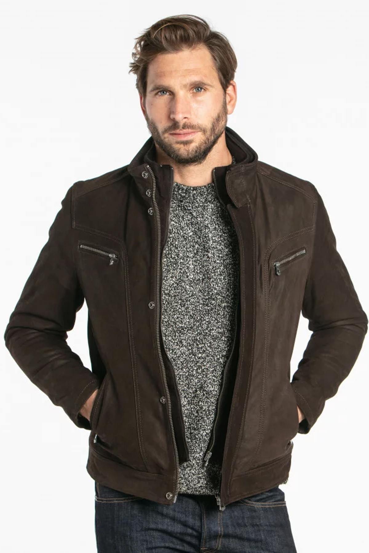 Nubuck cowhide leather jacket with stand-up collar - Image n°1