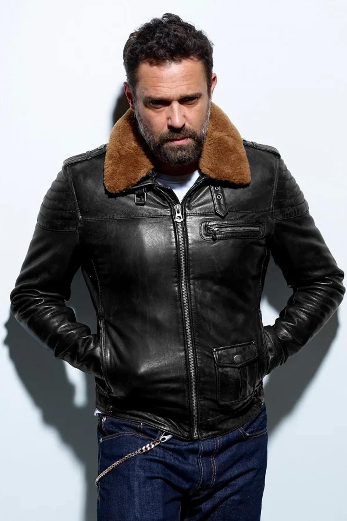 Aviator-style leather jacket with removable collar - Image n°2