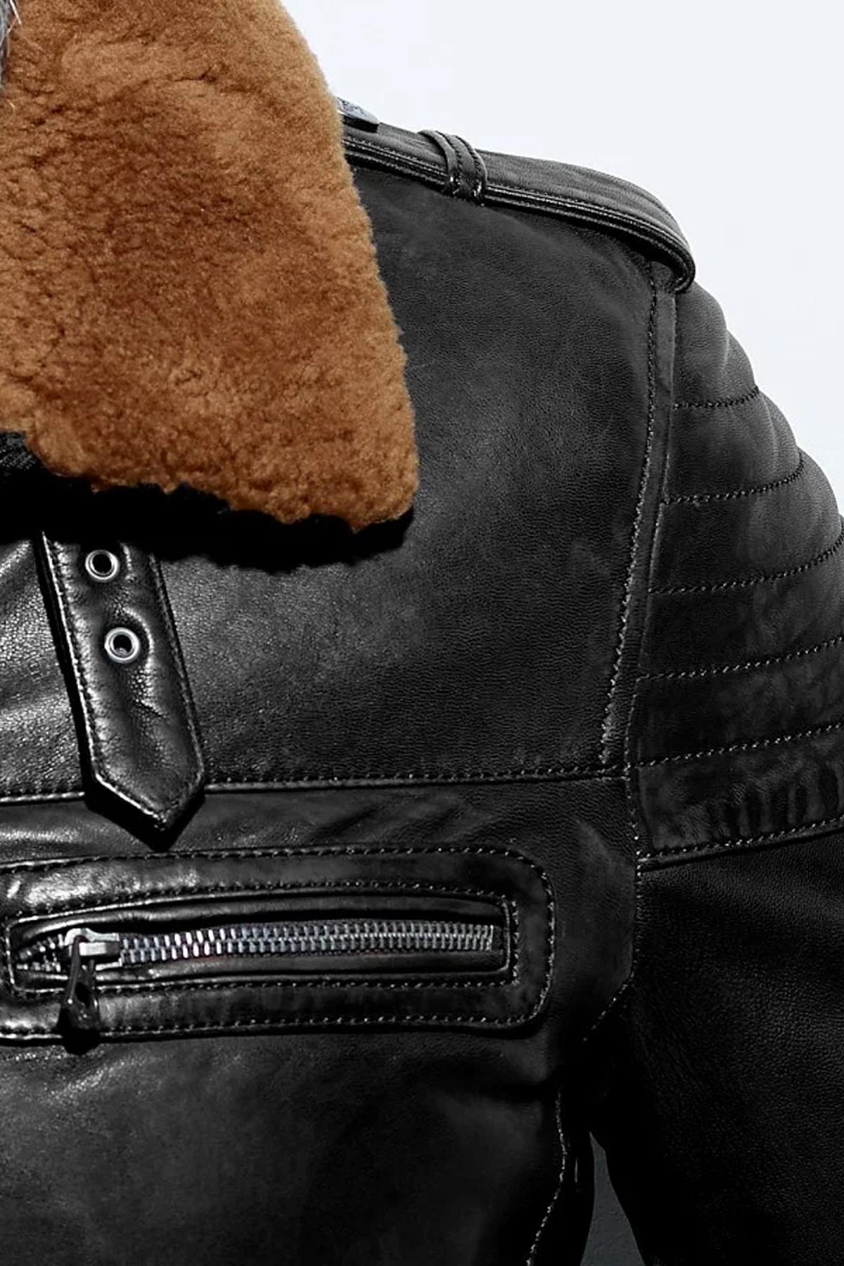 Aviator-style leather jacket with removable collar - Image n°3