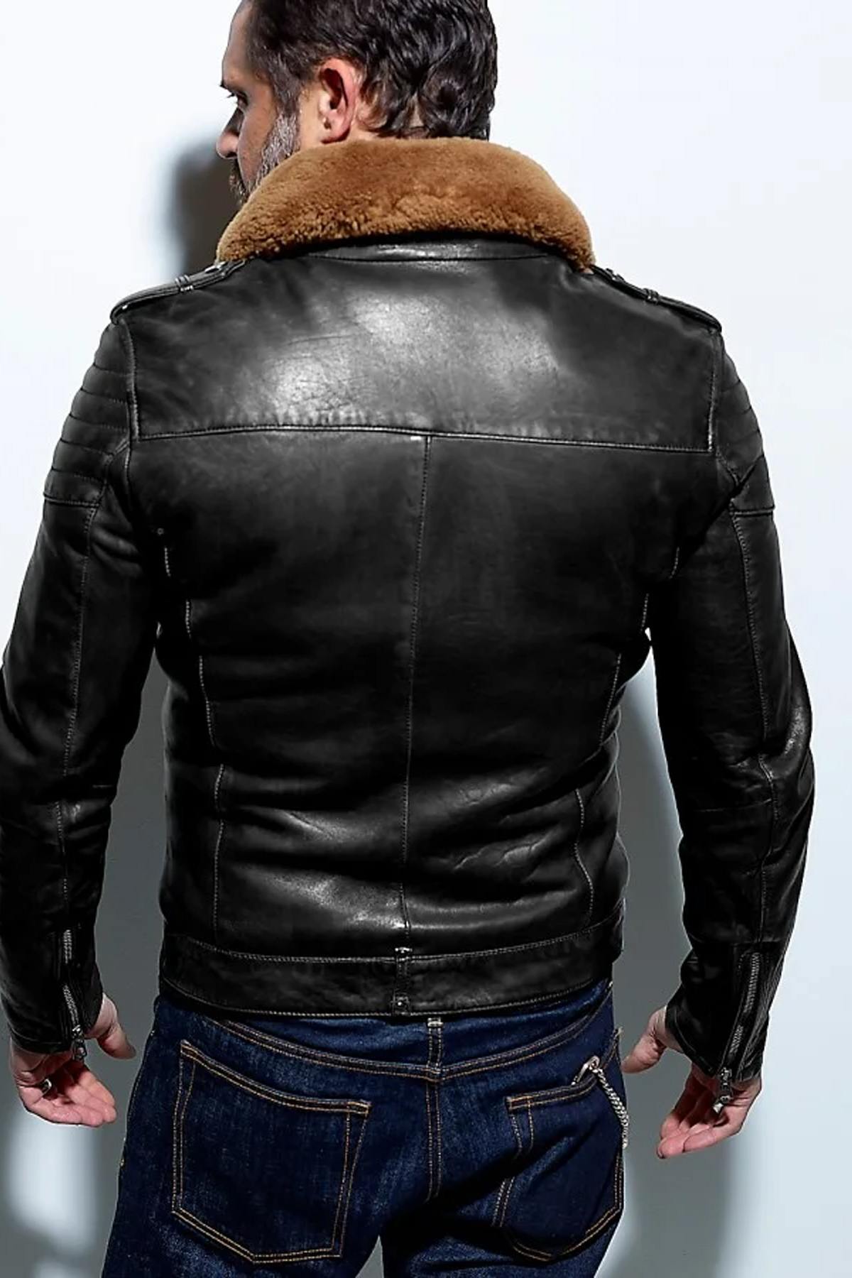 Aviator-style leather jacket with removable collar - Image n°4