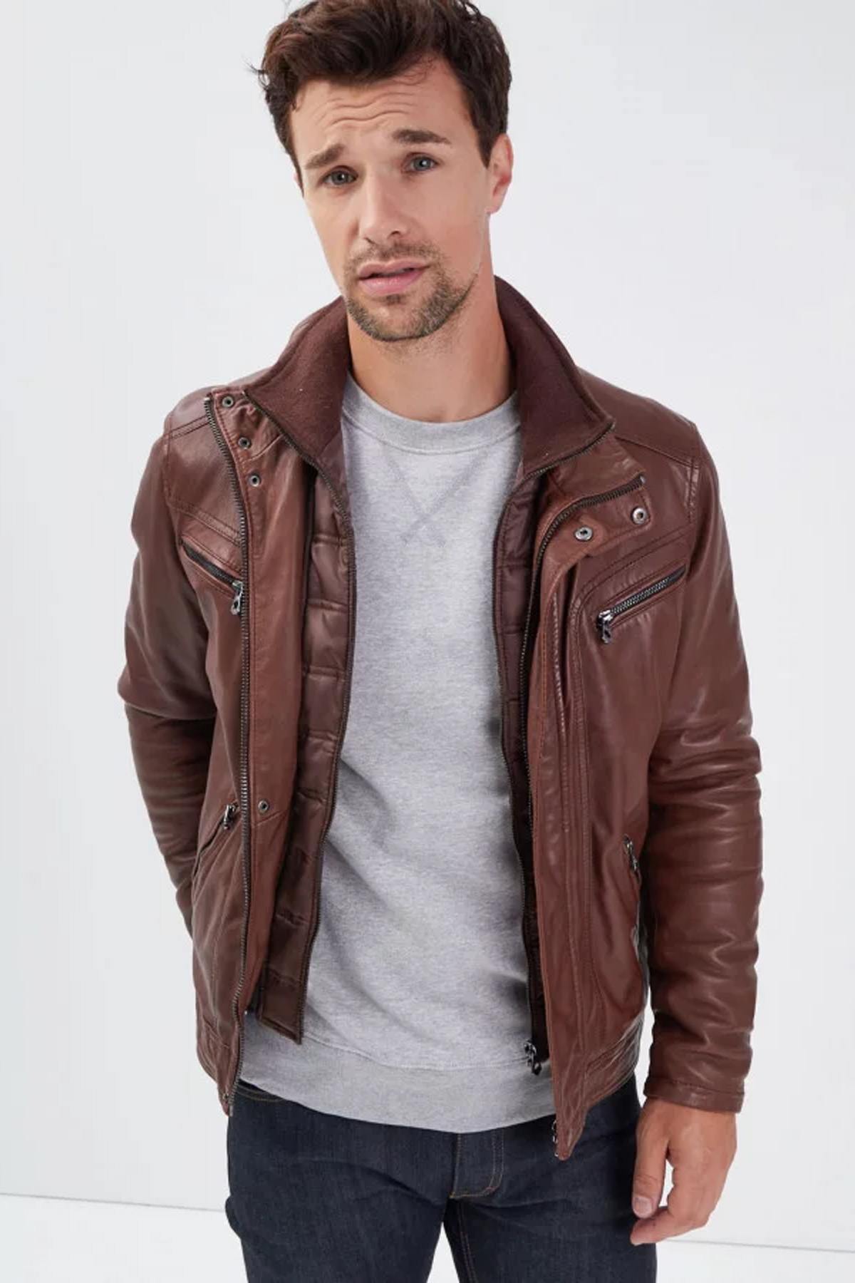 Stand-up collar leather jacket with removable vest - Image n°1