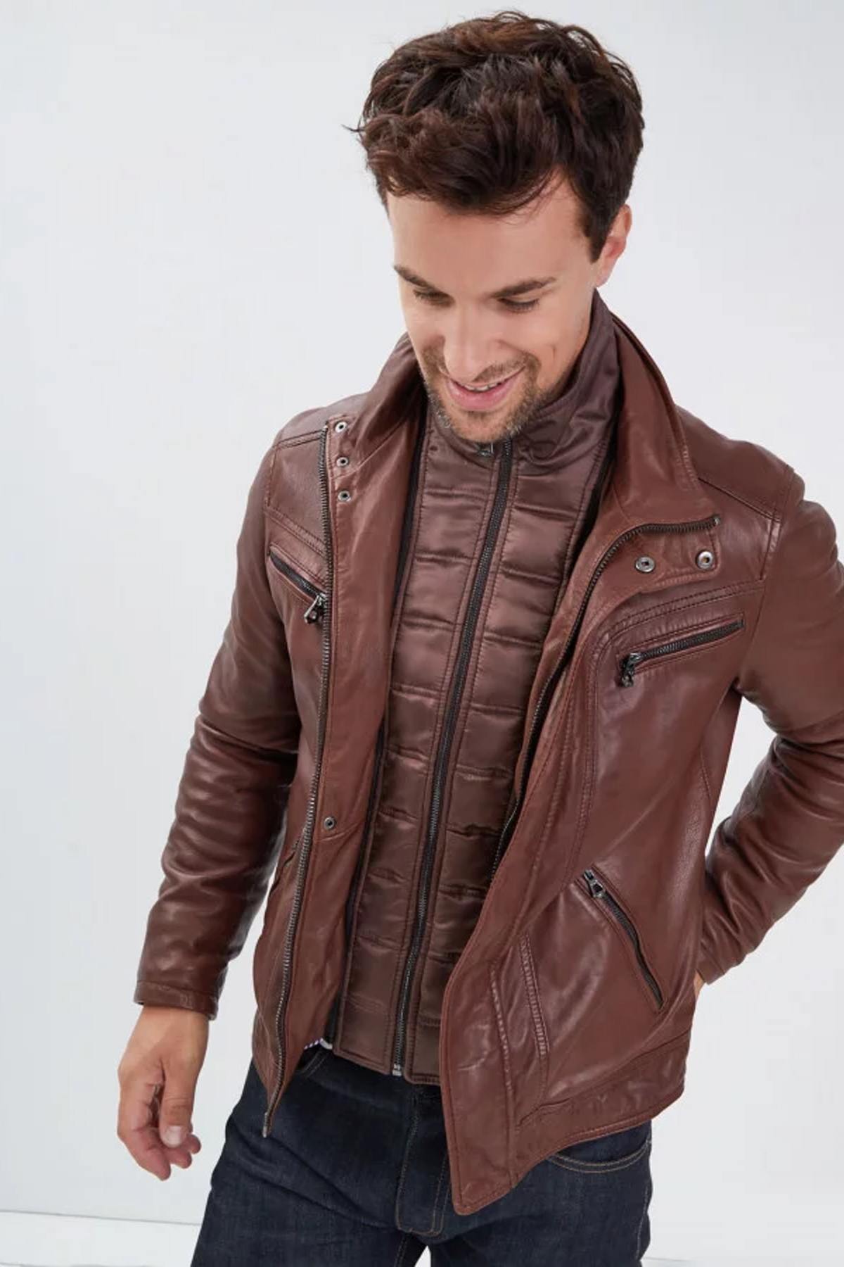 Stand-up collar leather jacket with removable vest - Image n°2