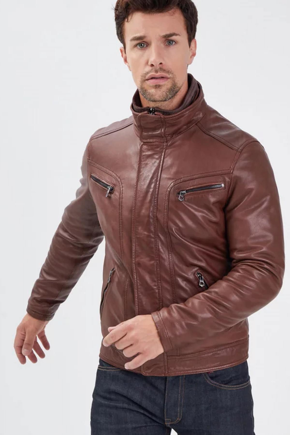 Stand-up collar leather jacket with removable vest - Image n°3