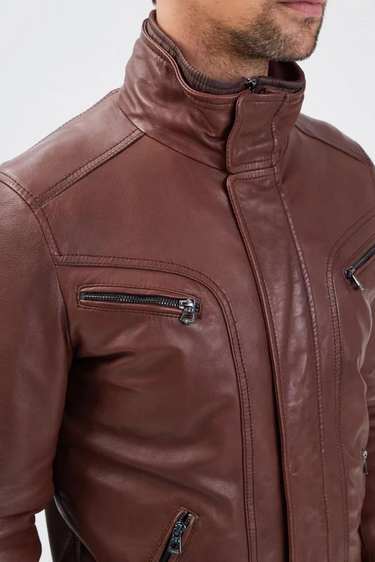 Stand-up collar leather jacket with removable vest - Image n°4