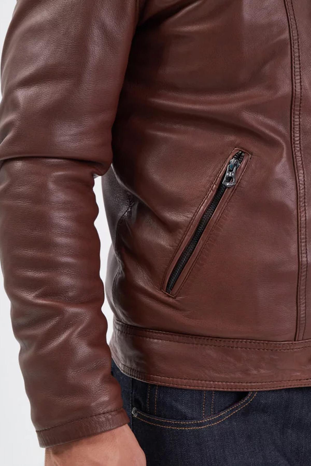 Stand-up collar leather jacket with removable vest - Image n°5