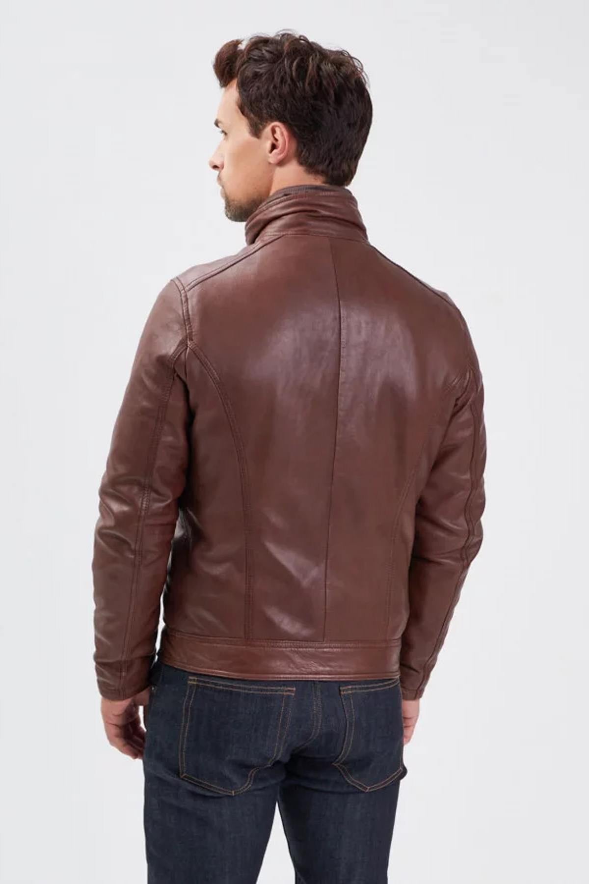 Stand-up collar leather jacket with removable vest - Image n°6