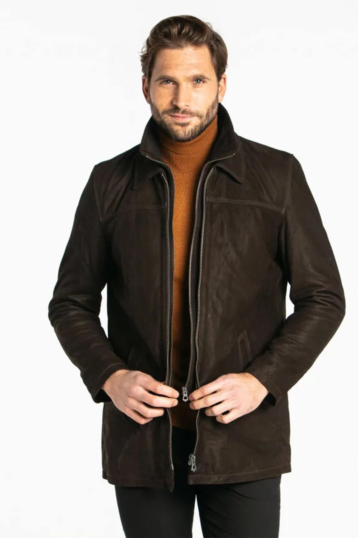 Brown cowhide leather coat - Image n°4