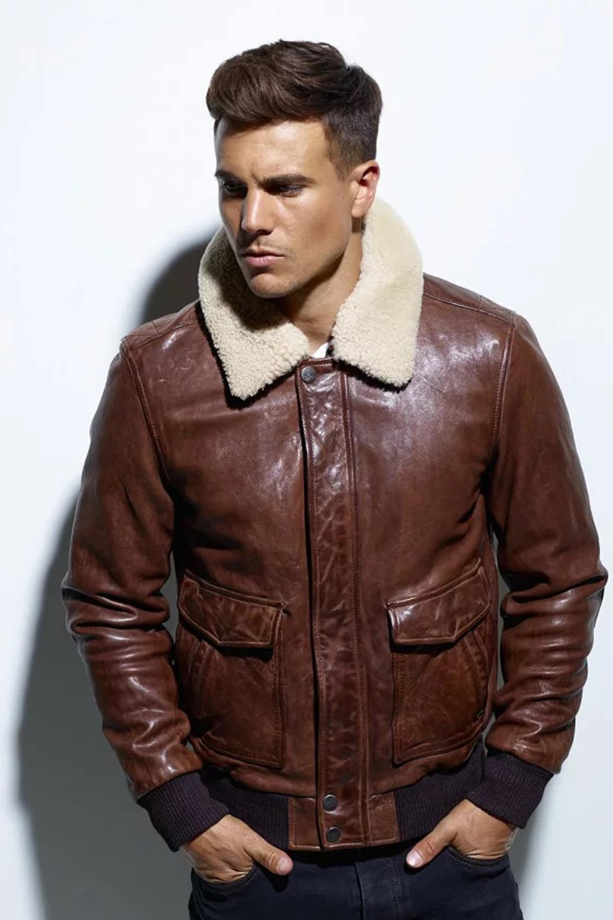 Men's brown sheepskin leather aviator - Image n°10