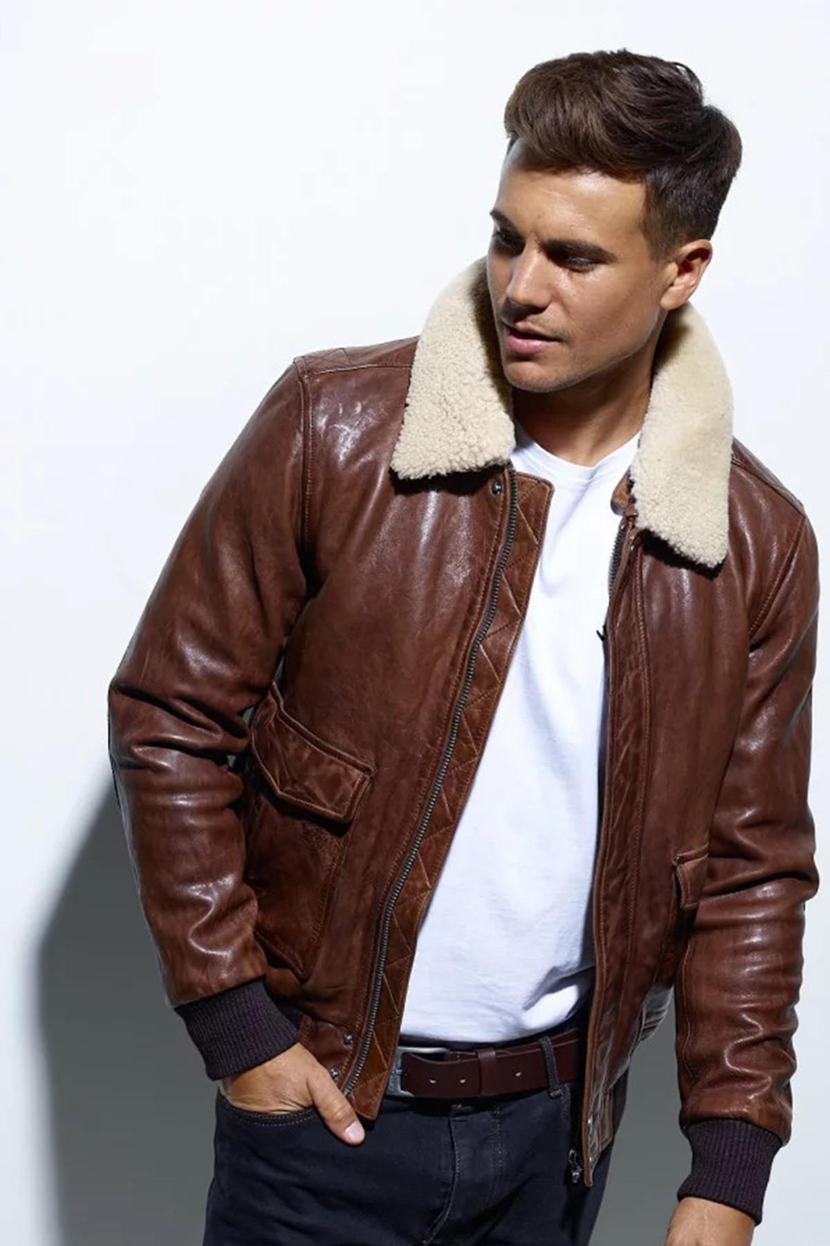 Men's brown sheepskin leather aviator - Image n°3