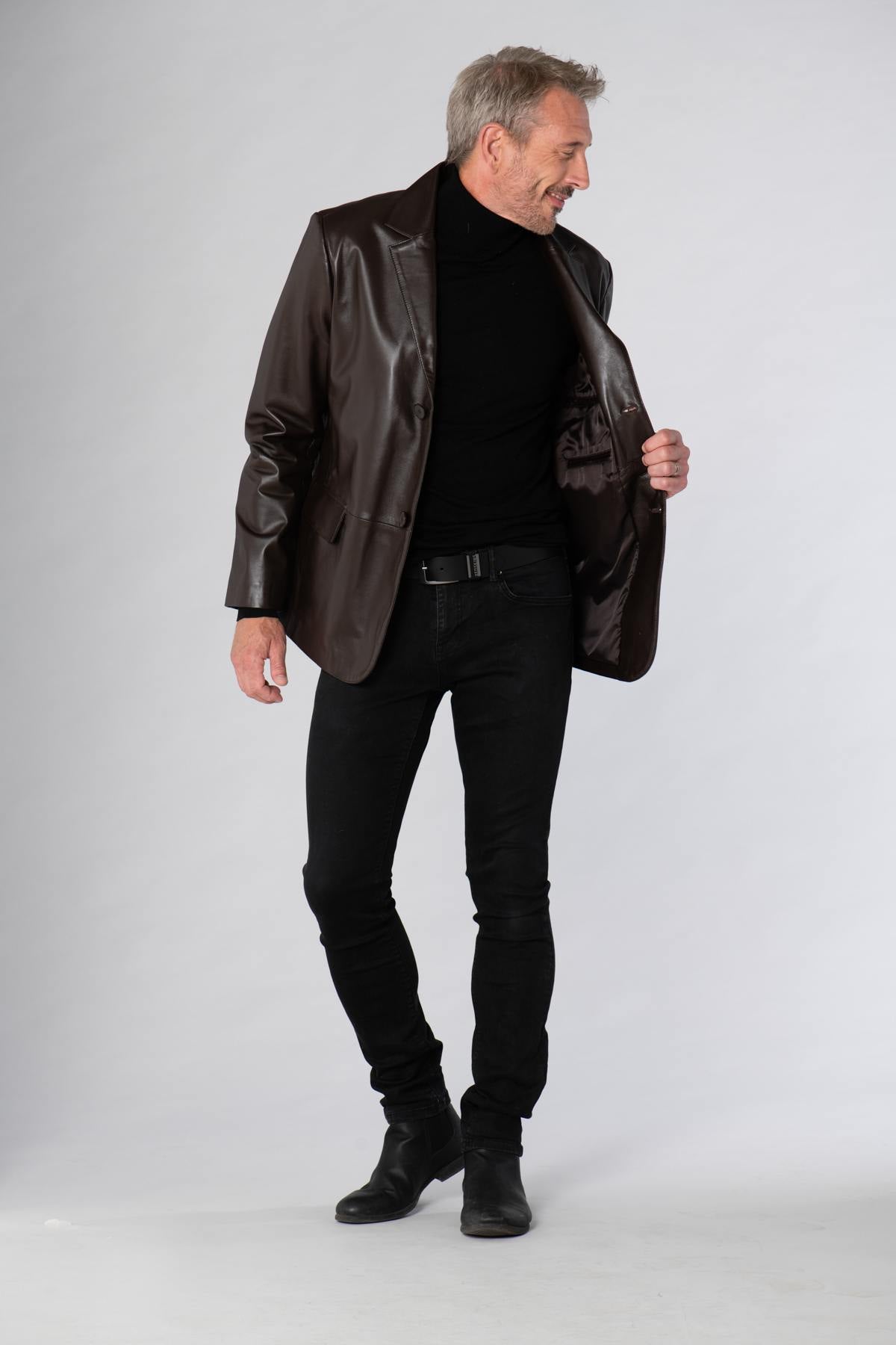 Brown shiny leather blazer jacket - Image n°4