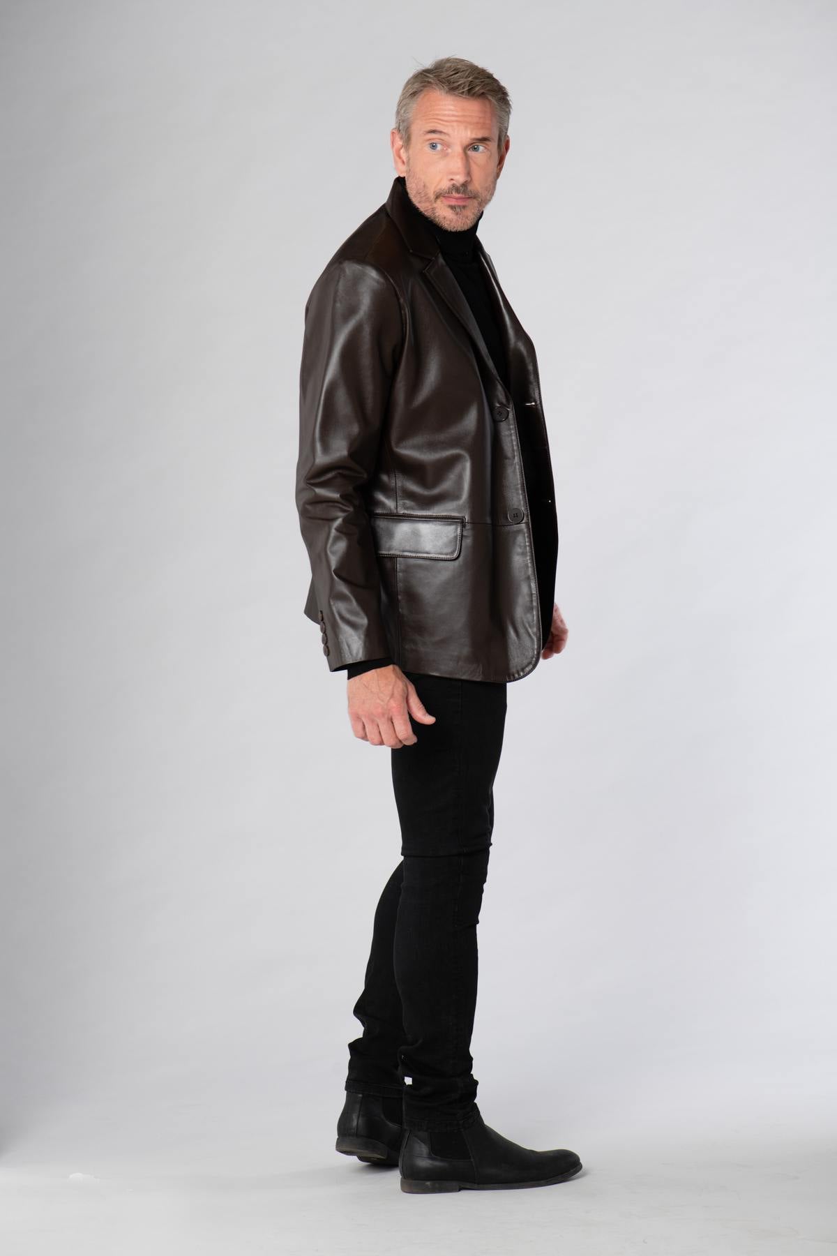 Brown shiny leather blazer jacket - Image n°7