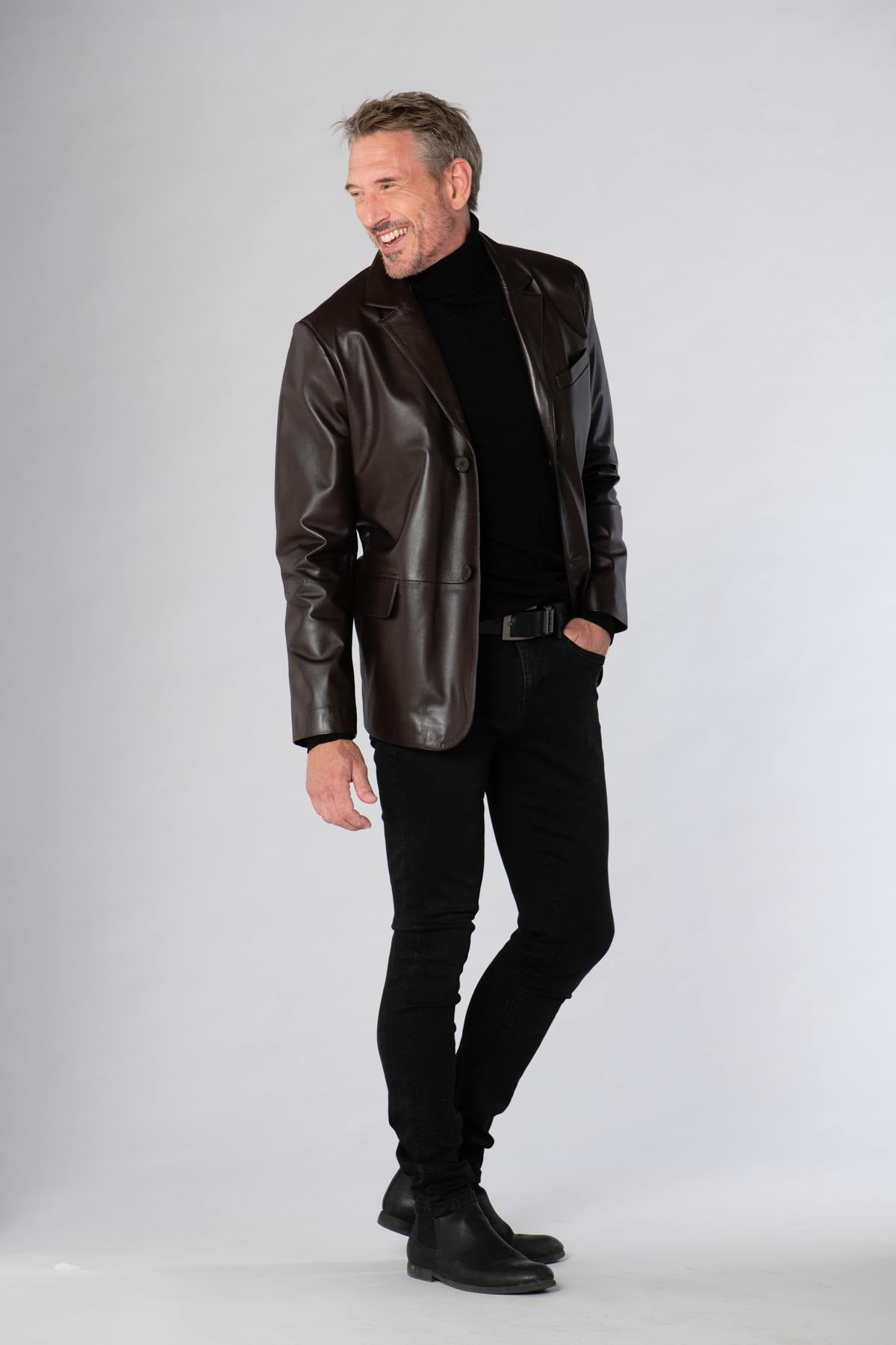 Brown shiny leather blazer jacket - Image n°2