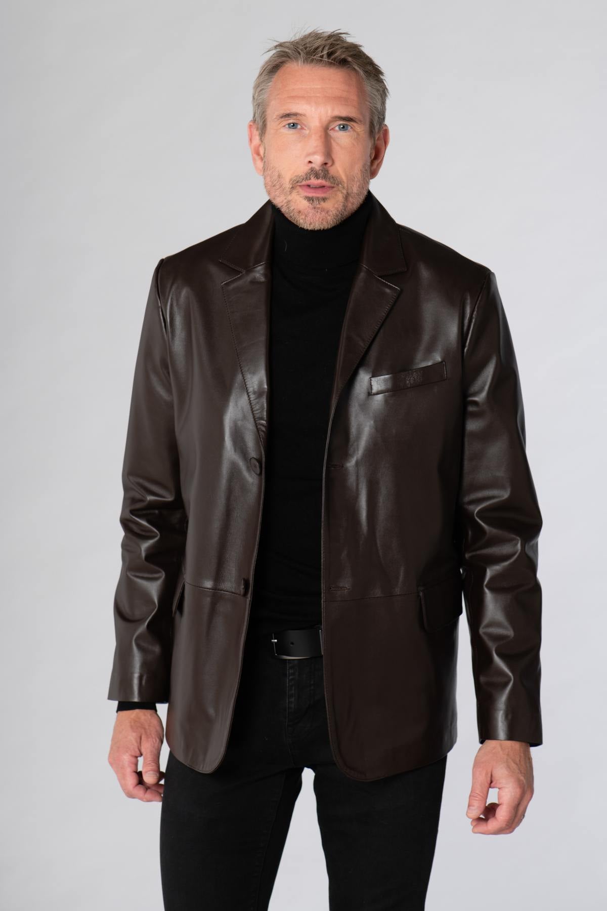 Brown shiny leather blazer jacket - Image n°1