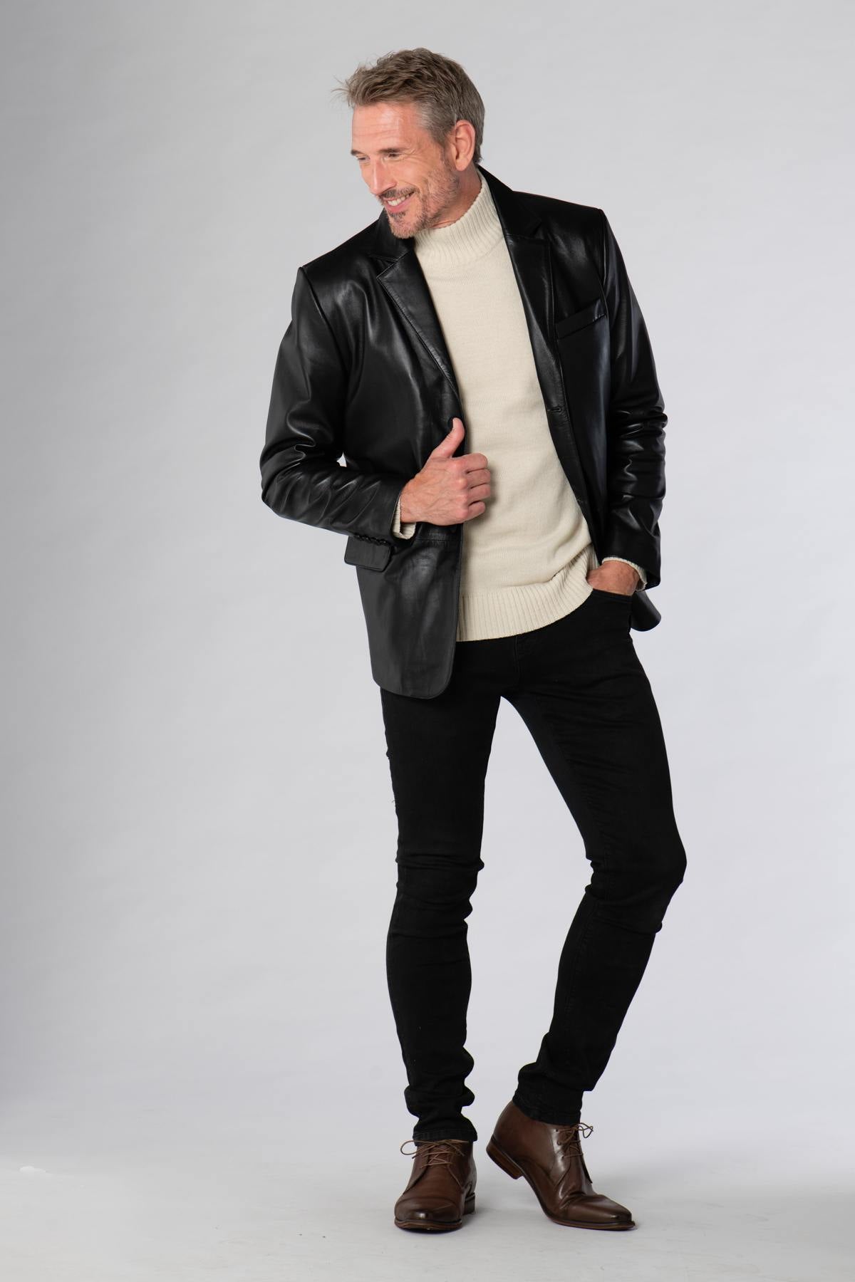 Elegant black leather blazer - Image n°5