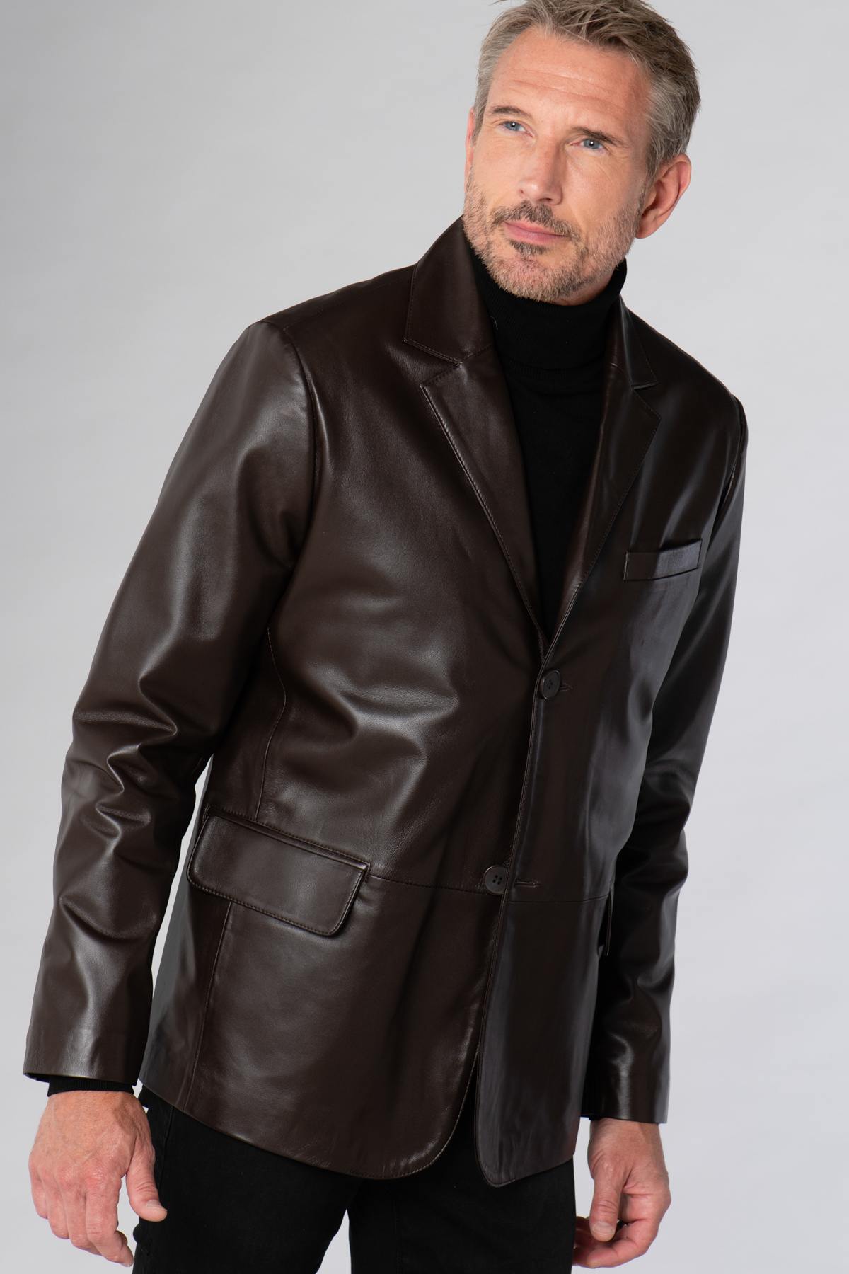 Brown shiny leather blazer jacket - Image n°3