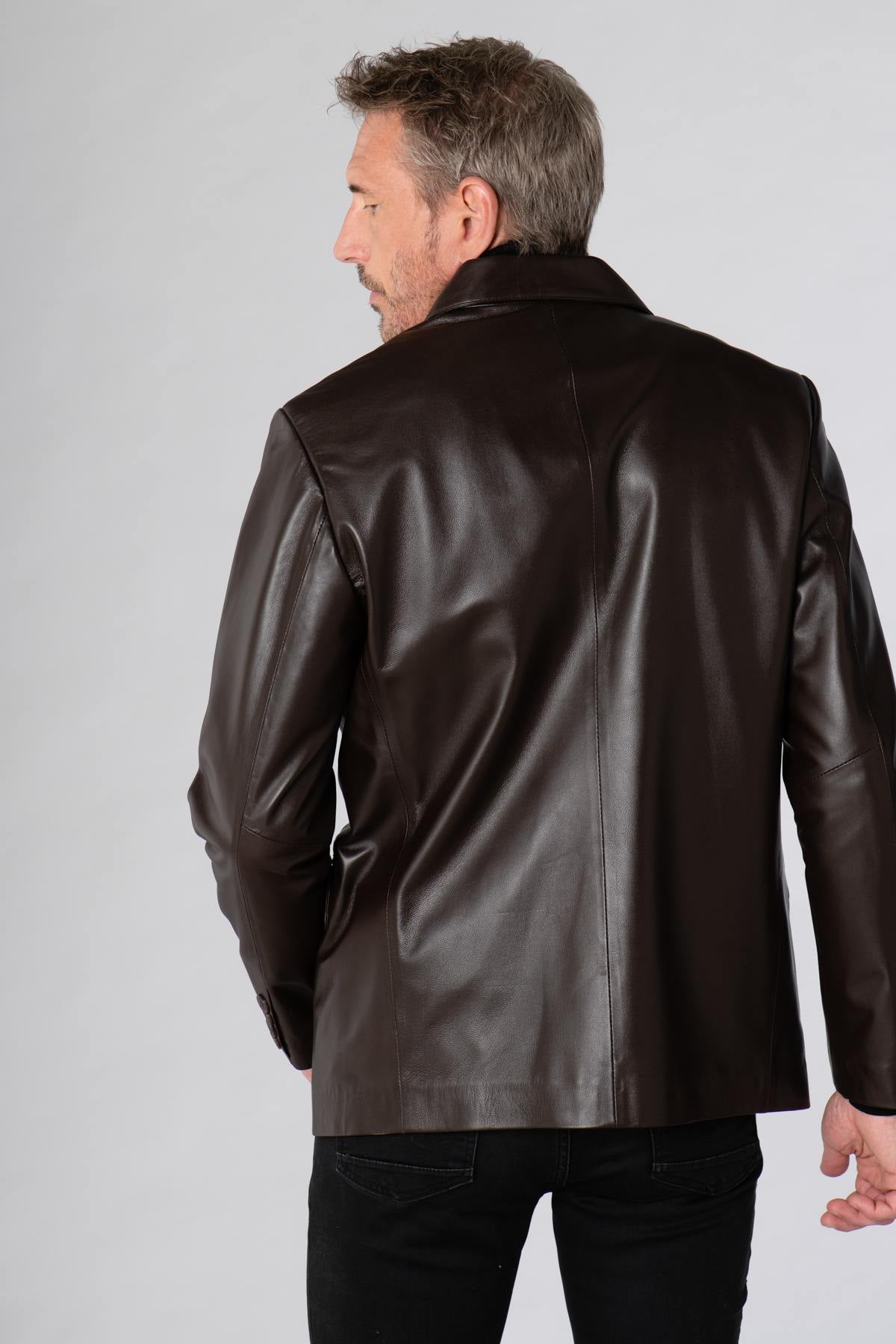 Brown shiny leather blazer jacket - Image n°6