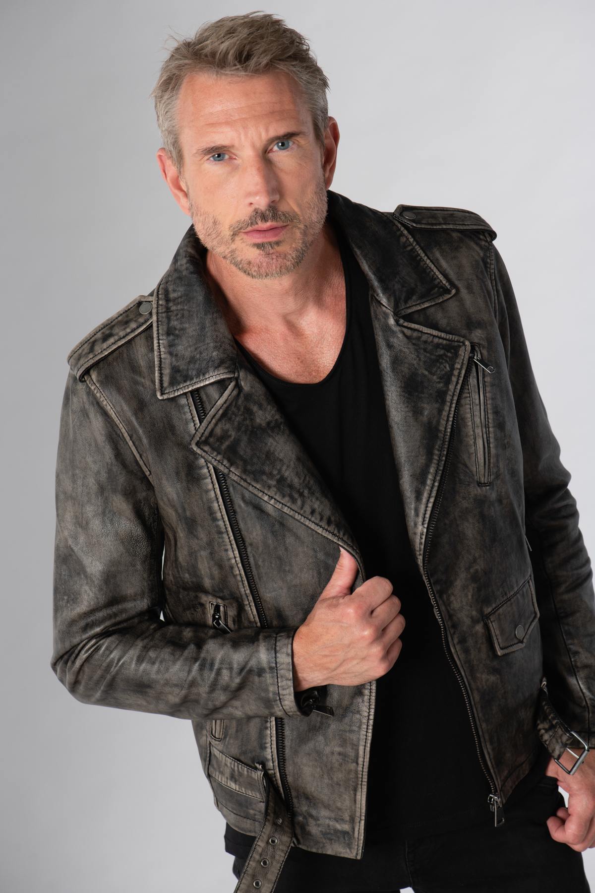 Men's aged effect Biker Jacket - Image n°7