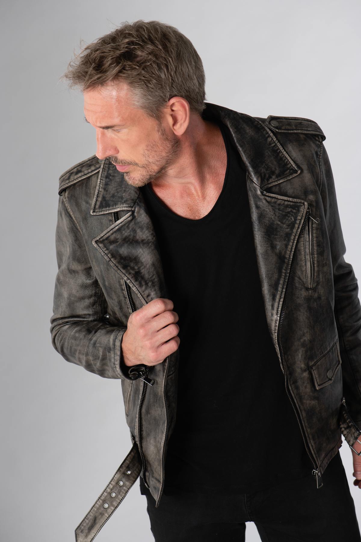 Men's aged effect Biker Jacket - Image n°3