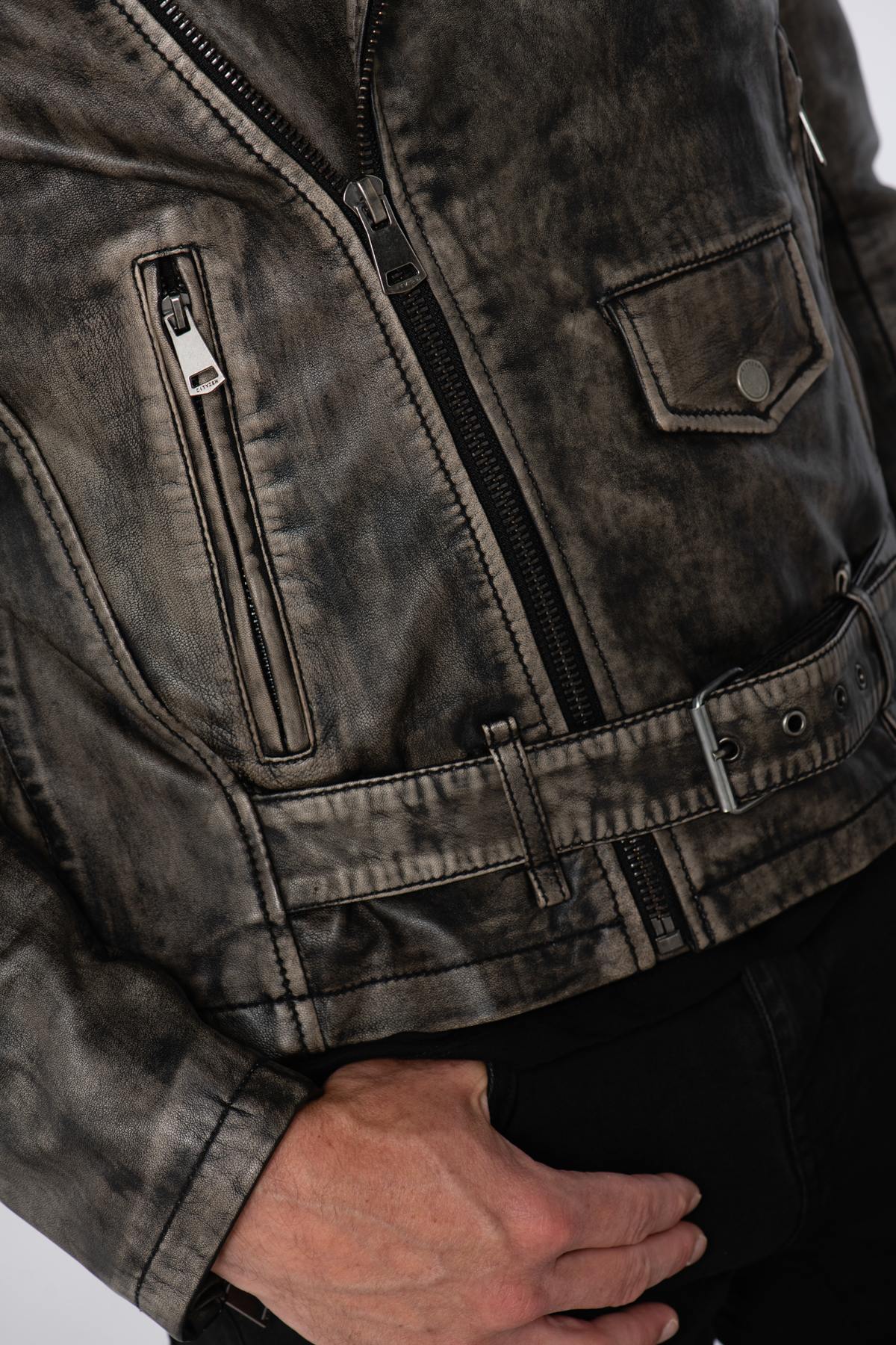 Men's aged effect Biker Jacket - Image n°9