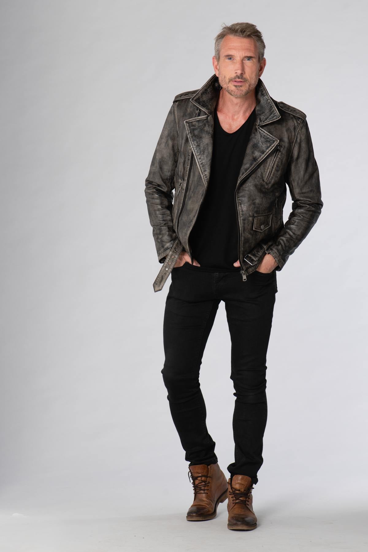 Men's aged effect Biker Jacket - Image n°2