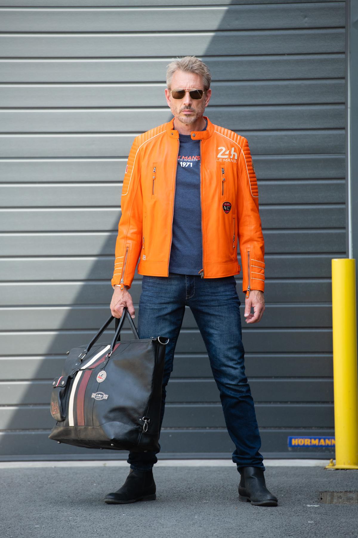 Racing-style jacket in orange leather - Image n°2