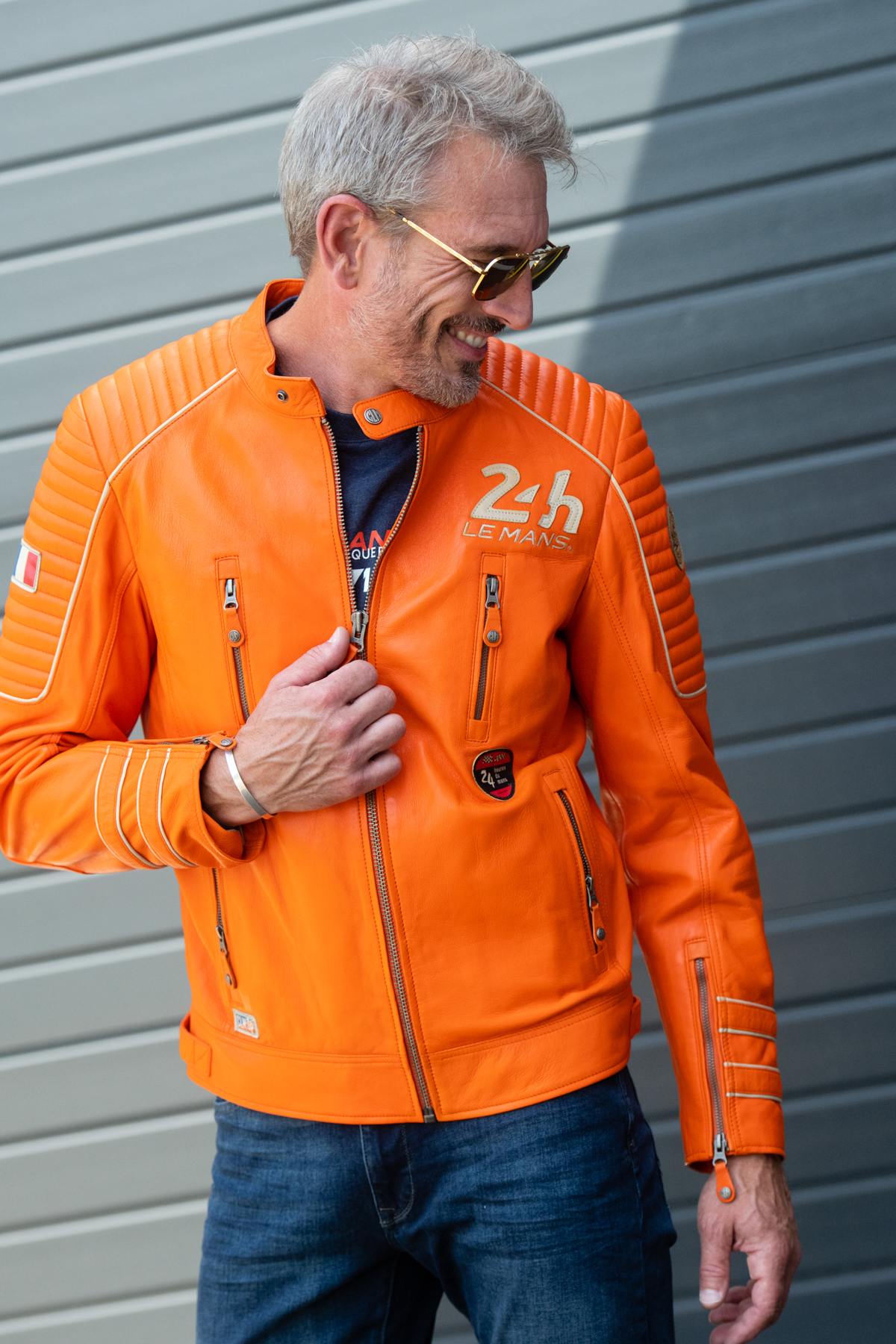 Racing-style jacket in orange leather - Image n°4